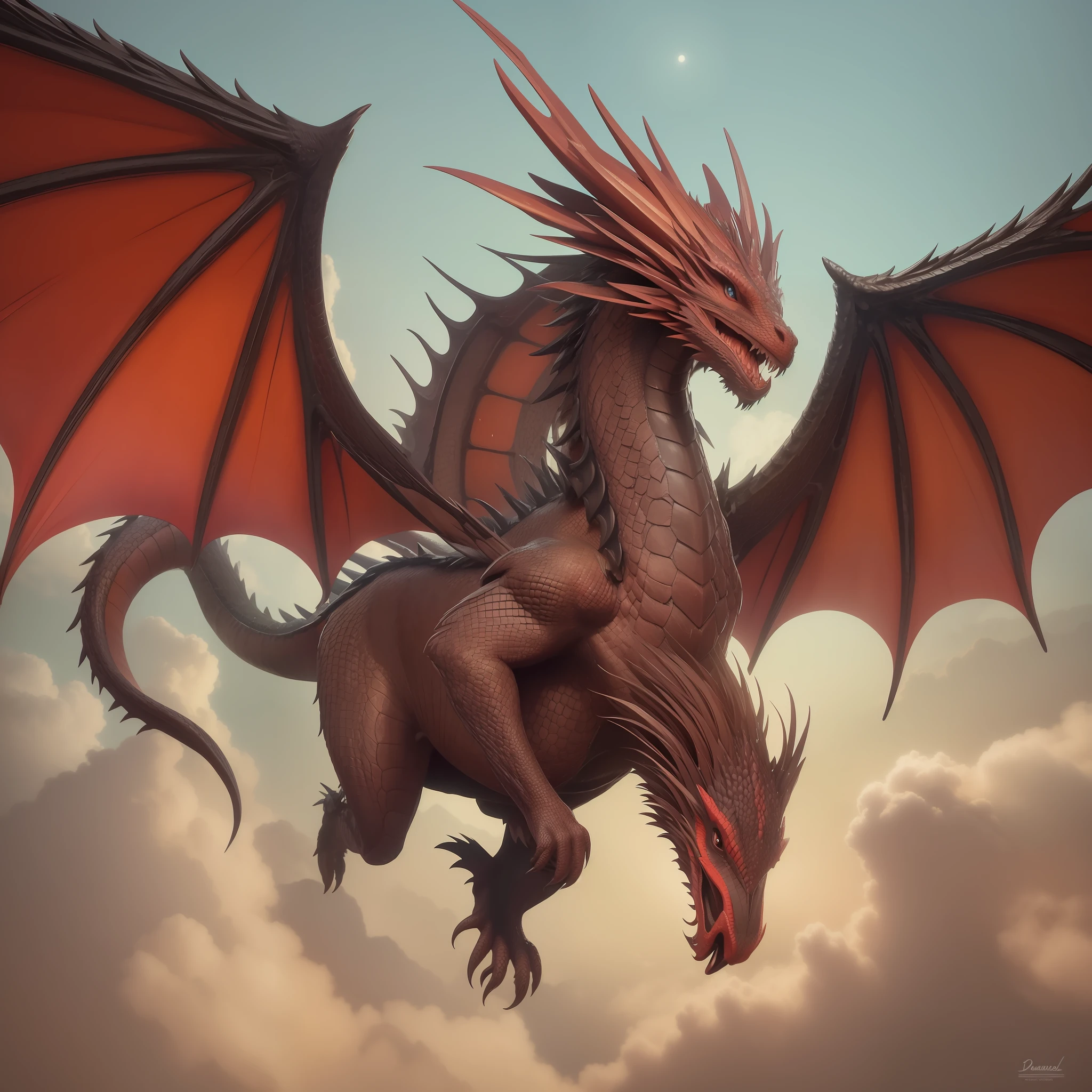 Dragon with two large wings, furioso cerca de un regreso. Pintura digital