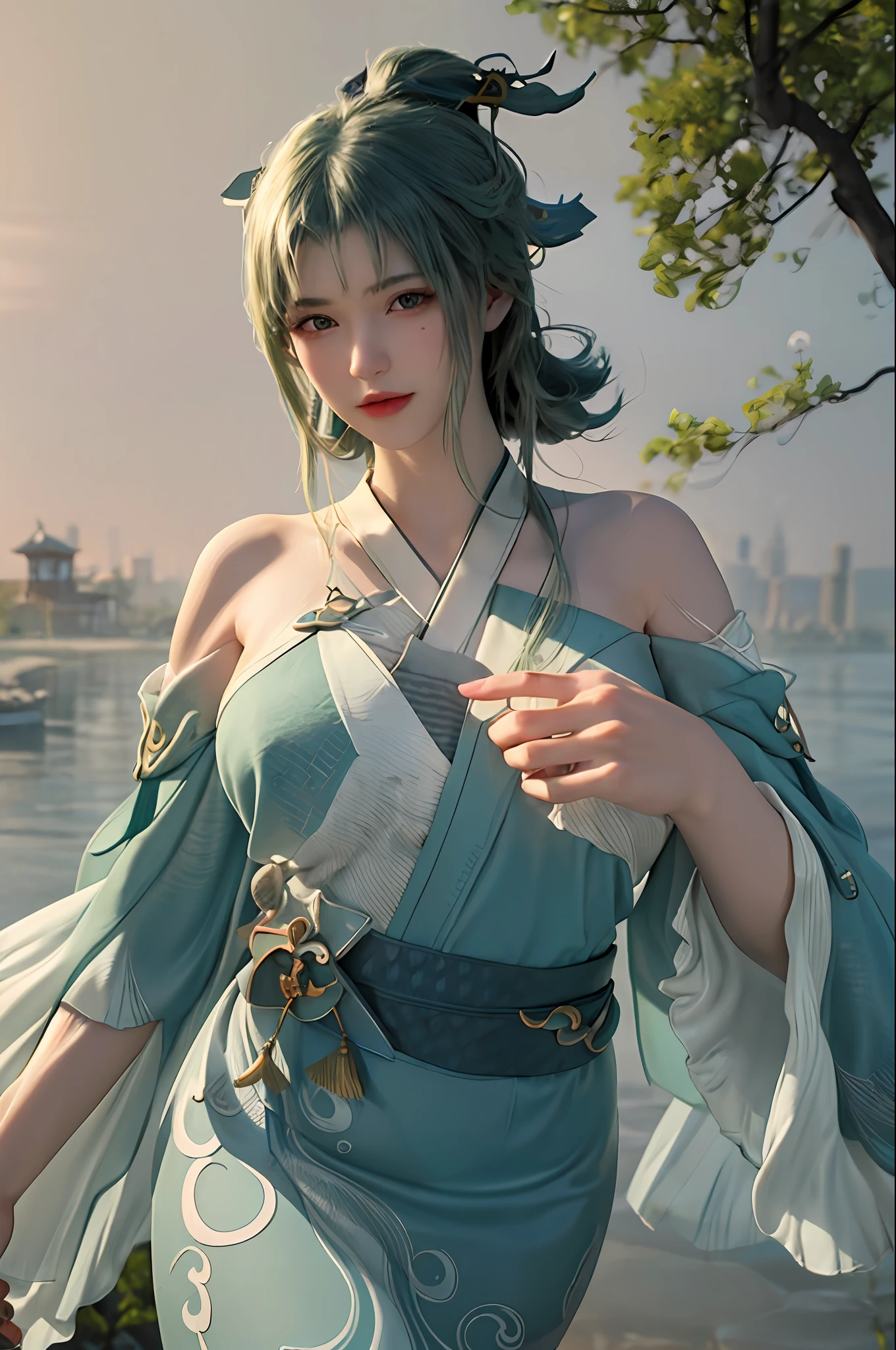 delicated best quality ,masterpiece, illustration, an extremely delicate and beautiful, extremely detailed ,CG ,unity ,8k wallpaper, Amazing, finely detail, masterpiece,best quality,official art,extremely detailed CG unity 8k wallpaper,absurdres, incredibly absurdres, huge filesize , ultra-detailed, highres, extremely detailed,beautiful detailed girl, extremely detailed eyes and face, beautiful detailed eyes,light on face,1girl, (Super realistic), (((green hair))), Long hair, (blue eyes), ((jewelry)), (((describe the arm in detail))) (((Super boobs))), ((Plump body)), (Big breasts), ((Plump boobs)),, (detailed description of hair), ((upper body)), (Bare shoulder), ((collarbone)), (Shiny skin), (detailed description of face), (detailed description of body), (white and translucent skin), peerless beauty, (extreme beauty), (red lips), (touch tits), (shy ), (seductive smile), ((facing the viewer)), ((facing)), (((Kimono))), ((Japanese hot spring)), the water surface is reflective, (any pose), (((soaked))), ((There is a lot of water on the body))