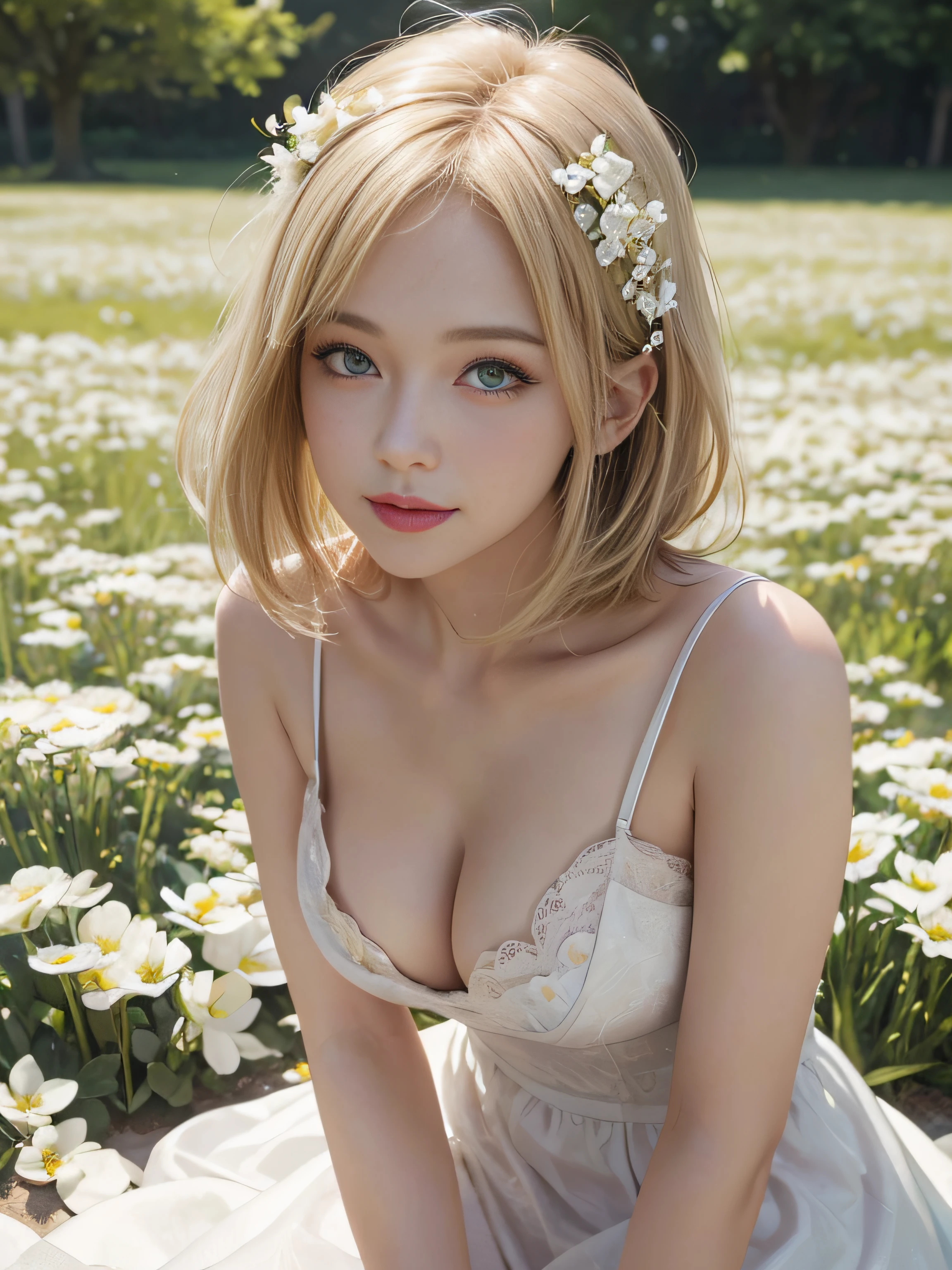 Best quality, masterpiece, ultra high res, (photorealistic:1.2), raw photo, 1girl, blonde, green eyes, bob hair, white dress, blossom flower field, glowing skin, light smile, blush, upturned eyes, cleavage