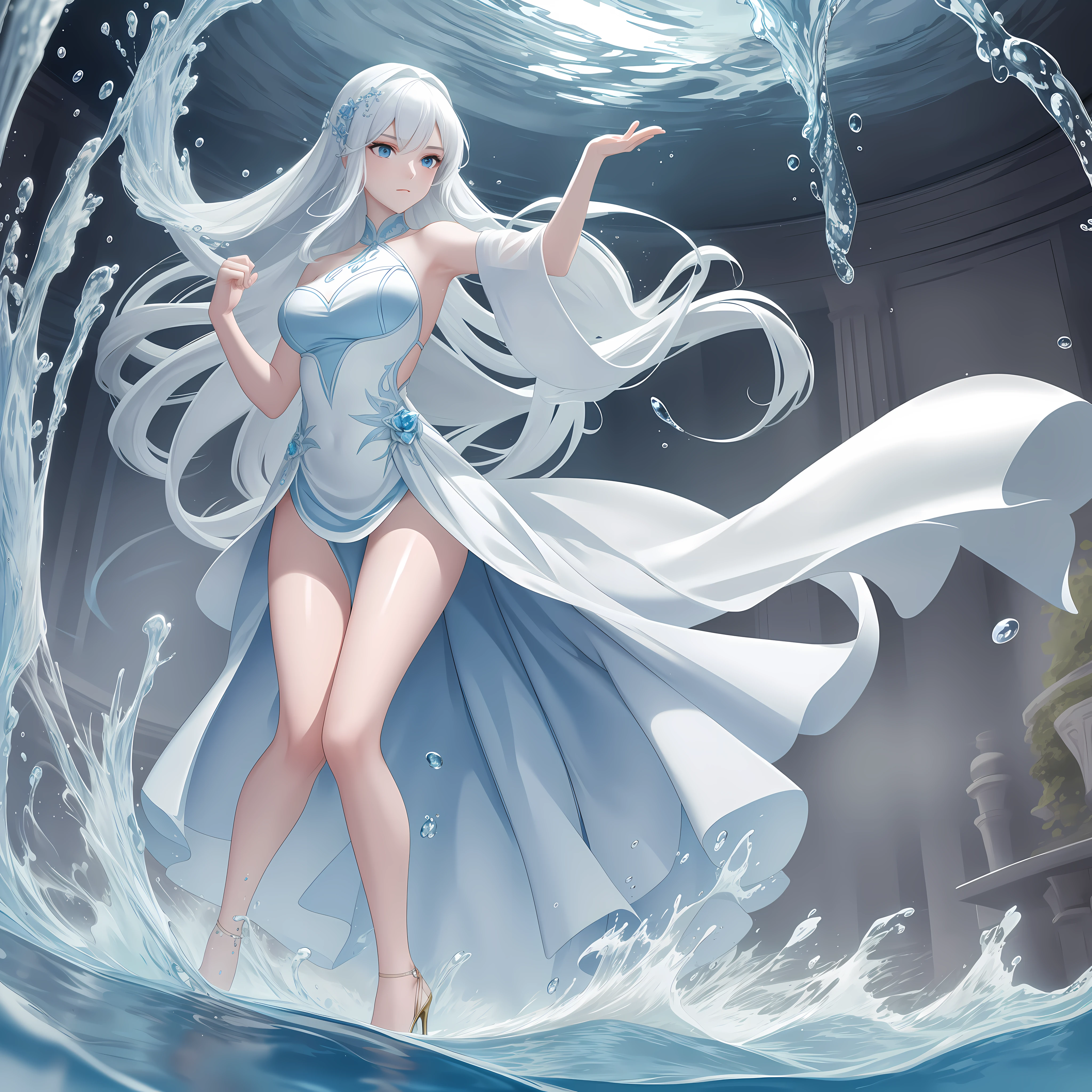 fish eye, Masterpiece, Top quality, Best quality, offcial art, Beautiful and aesthetic,A detailed,8K image quality water, (Flowing water),flowing water droplets,(splashing water drops),Water magic,Water Magic Practice, 1girll, Long hair, Water surrounds the girl's body, White gold and light blue trimmed dress,Sexy high heels,Slim body bank,long white hair, Beautiful face, Hand up, Fighting stance,friction ridge,High value