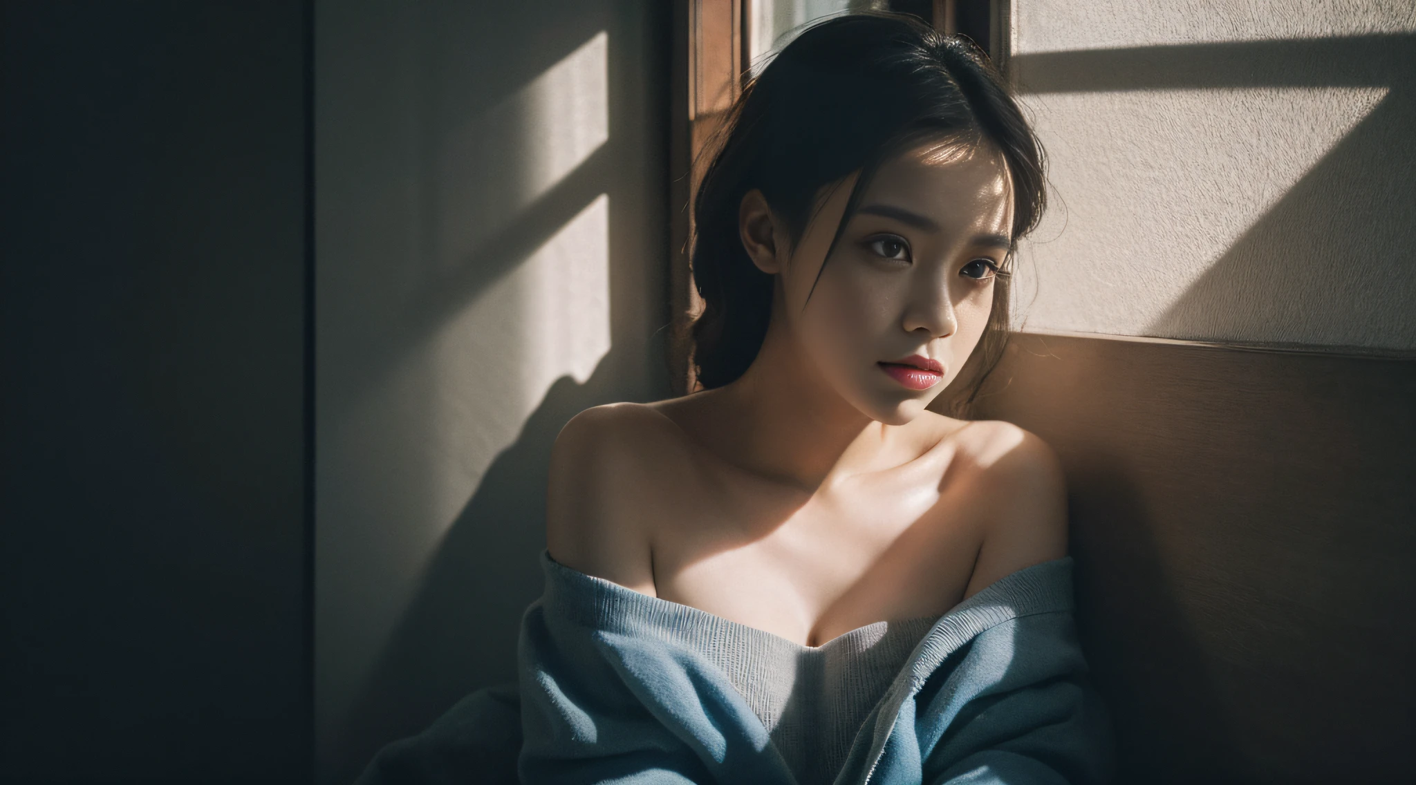 Best quality, masterpiece, ultra high res, (photorealistic:1.4), raw photo, 1girl, offshoulder, in the dark, deep shadow, low key, cold light --auto