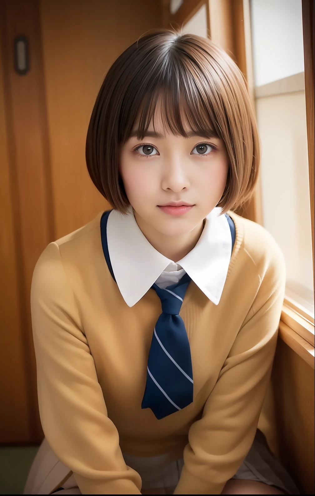 In a warm room in a winter room、Short-cut hairstyles 、Women in Japan 、a miniskirt、a beautiful detailed girl, extremely detailed eye and face, beatiful detailed eyes、ultra-detailliert, hight resolution, ighly detailed, top-quality, masterpiece、((Japanese girls' high school uniform)), Light on the face、电影灯光、a 18 year old girl、((witheout panties))、((dynamicposes)))、(camel's toe)、(half)、(panthyhose)、(Sitting on legs bending the knees))