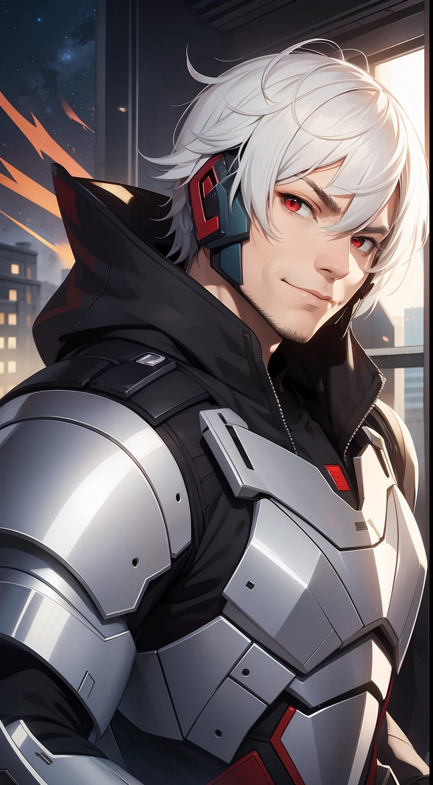 adult man, short white hair, red eyes, Decepticon armor, Starskrim, smirk, flying, Masterpiece, hiquality