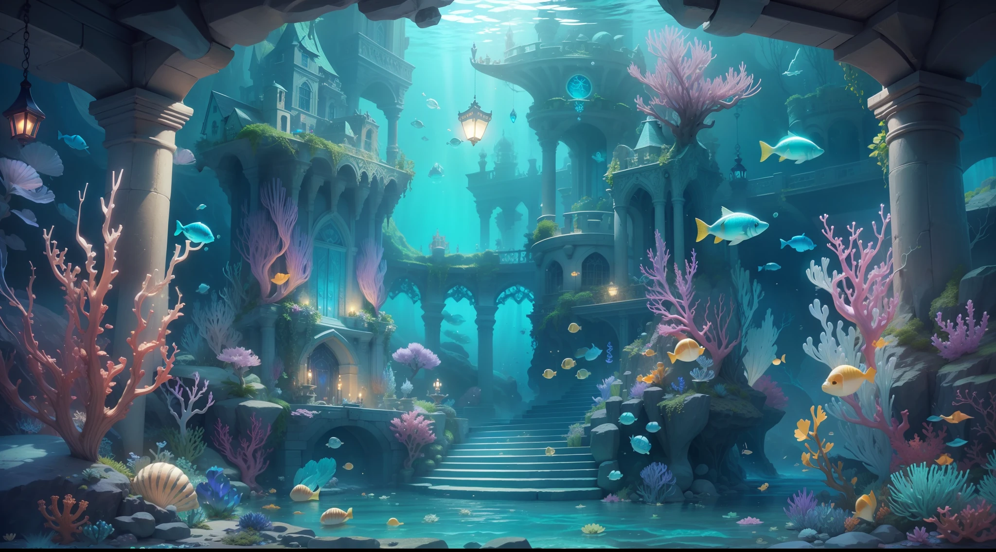 Enchanted underwater sanctuary、Sparkling sea crystals、Fantastic sea castle、Luminescent shell wall、Light curtains、Iridescent plants、Magic artifacts、ancient tomes、Pleasant underwater wind chimes、Harmonious atmosphere、Mysterious Sea。, first-person view, anatomically correct, super detail, high details, high quality, highres, 8k