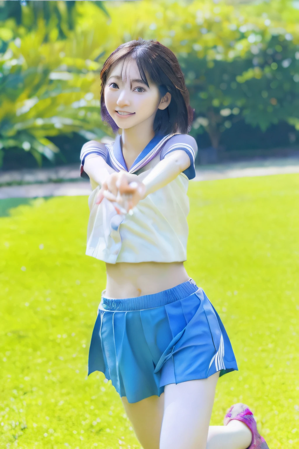 (((Sports, Short, Long, Running, Jogging, Marathon, Exercise, Athletics, Running, Running Posture, Running, Feeling of Galloping, Sweat, Sweat, Sweating Lots)))), ((Volley Uniform: 1.3, White, Red, Blue, Uniform: 1.3, Lower, Swaying, Hetero)), ((White, Red, Blue, Bloomers: 1.2, Low Rise)), (Athletics, Floating Hair NovaFrog Style, Floating Hair, Hair and Clothes That Flutter in the Wind, High School, Slender Abs: 1.2, Navel, Serious Look), (The shape of the pubic area is clearly visible)), Blushing, NSFW, 8k, RAW Photo: 1.2, (Best Quality: 1.4, Masterpiece: 1.4), Super Detail, Best Illustration, Ultra High Resolution, Portrait, Film Grain, 1girl, POV, Depth of Field, Photorealistic: 1.4, detailed hair, realistic hair, realistic lighting, realistic shadows, realistic clothing, realistic skin, natural skin texture, portrait: 0.6, light particles, lens flare, glowing particles: 0.6, bokeh: 1.2, clean: 1.8, professional lighting, photon mapping, radiosity, physically based rendering, incredibly absurd, Glossy skin, pale skin: 1.2, PureErosFace_v1: 0.7, fair skin: 1.1, round face: 1.5, mouth open, puffy eyes, purple eyes, double eyelids, egyosar: 1, floating hair, makeup, Japan girl, lovely thighs, shining thighs, shining legs