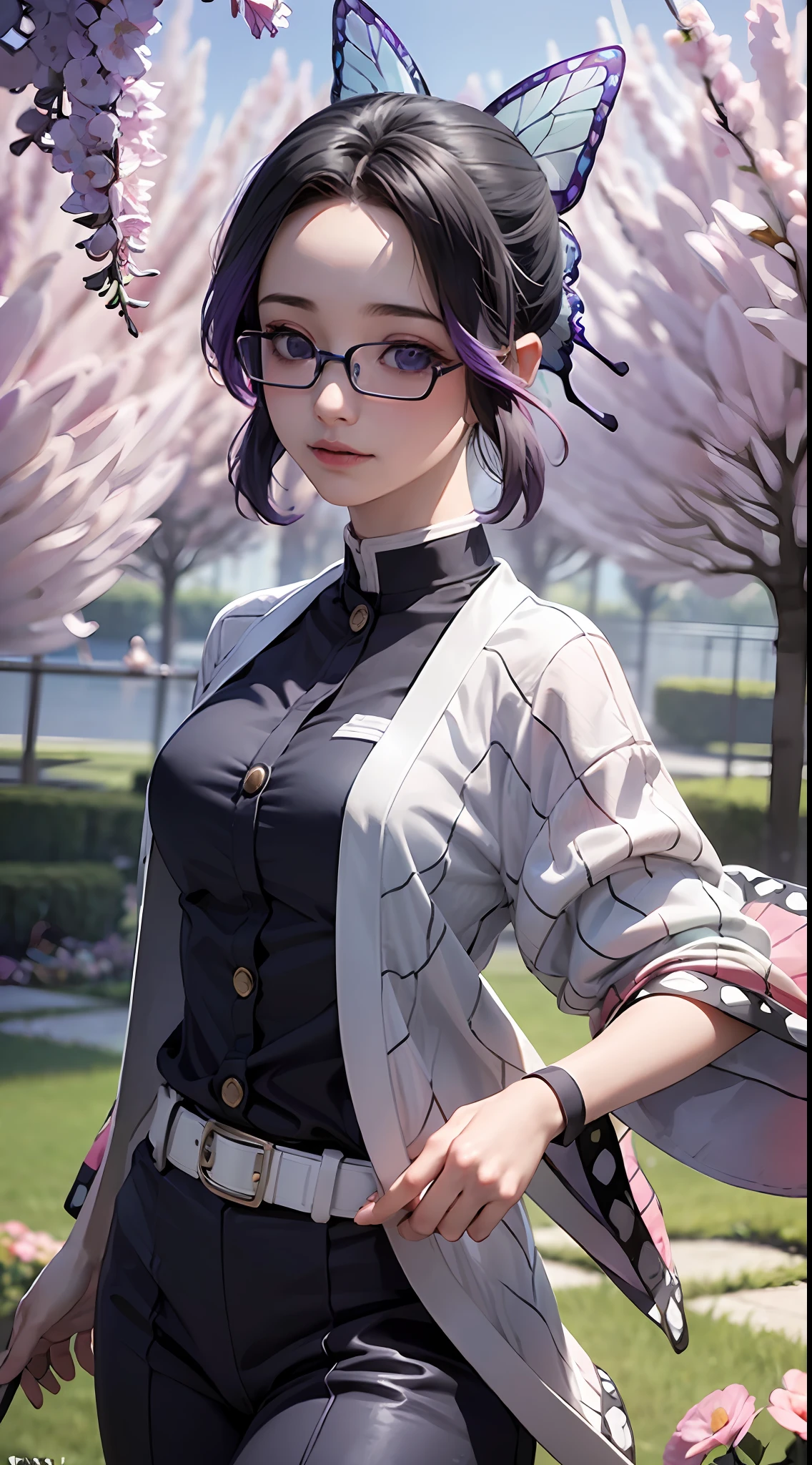 Ultra-realistic 8k CG,masterpiece,((ultra-detailed background, delicate pattern, intricate details)),best quality,very detailed face,extremely detailed eyes and face,extremely detailed eyes,smart kochou shinobu,wearing glases,multicolored hair,no bangs,hair intakes,blue eyes,forehead,black shirt,black pants,haori,butterfly,buttons,belt,(Garden:1.2),purple flower,chibi,cloudy sky,sunlight,Tindal effect,gradient_sky,face,Gorgeous sky,Waist Sabre,Charming posture,