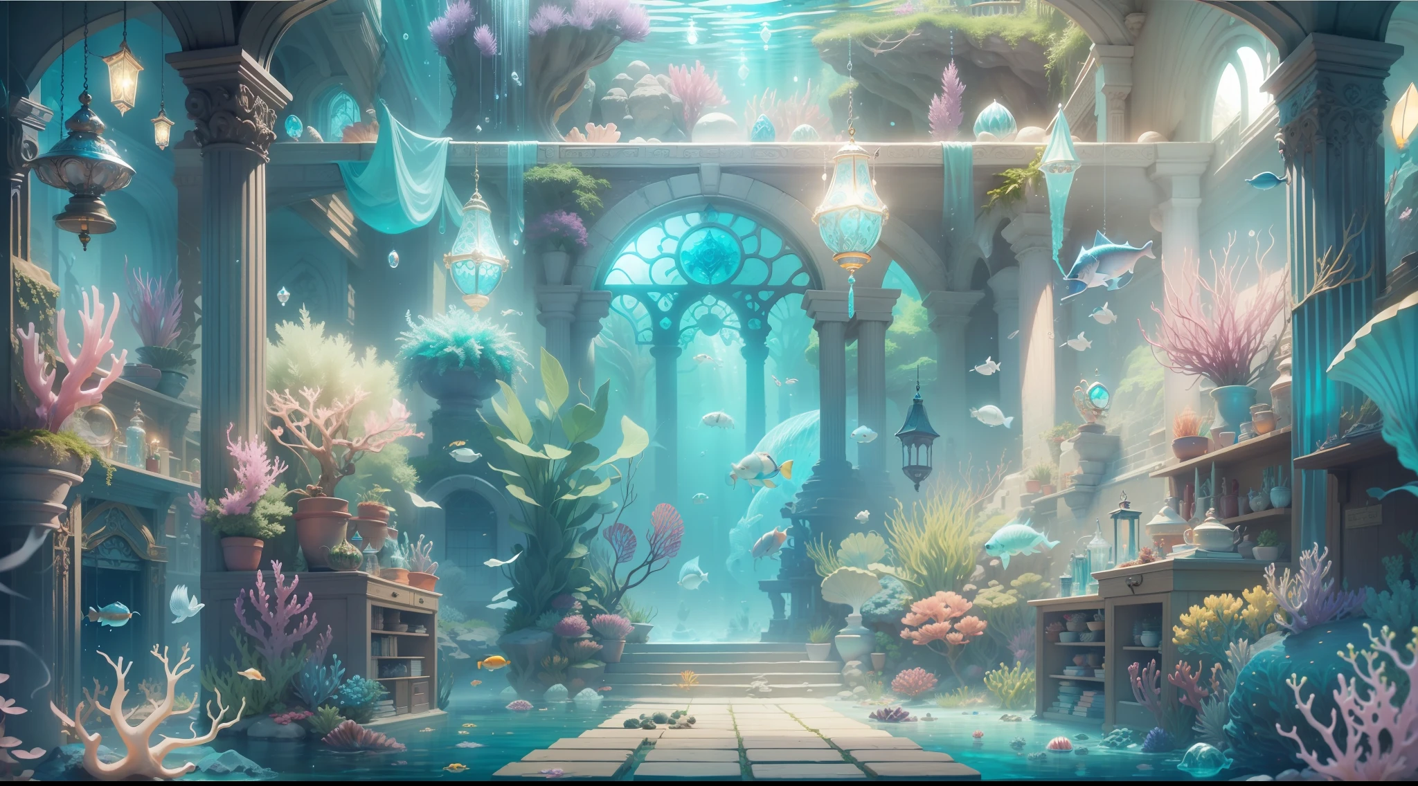 Enchanted underwater sanctuary、Sparkling sea crystals、Fantastic sea castle、Luminescent shell wall、Light curtains、Iridescent plants、Magic artifacts、ancient tomes、Pleasant underwater wind chimes、Harmonious atmosphere、Mysterious Sea。, first-person view, anatomically correct, super detail, high details, high quality, highres, 8k