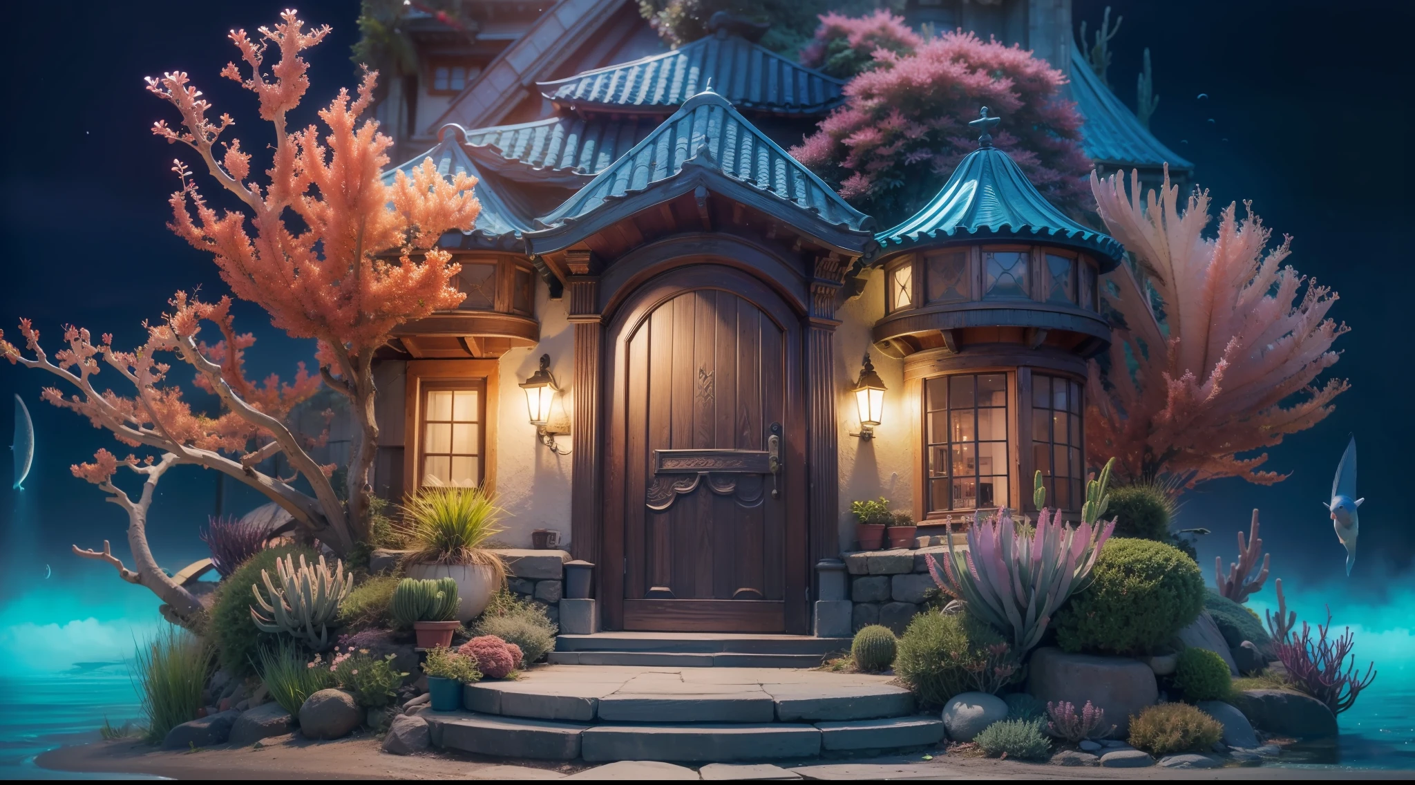 Magical underwater dwelling、Rainbow Coral Mansion、Luminescent dwelling、Great housing、Mysterious sea hut、Dreamy entrance、Magic Threshold、Mysterious entrance、Fascinating doors。 high details, Best Quality, hight resolution, in 8K