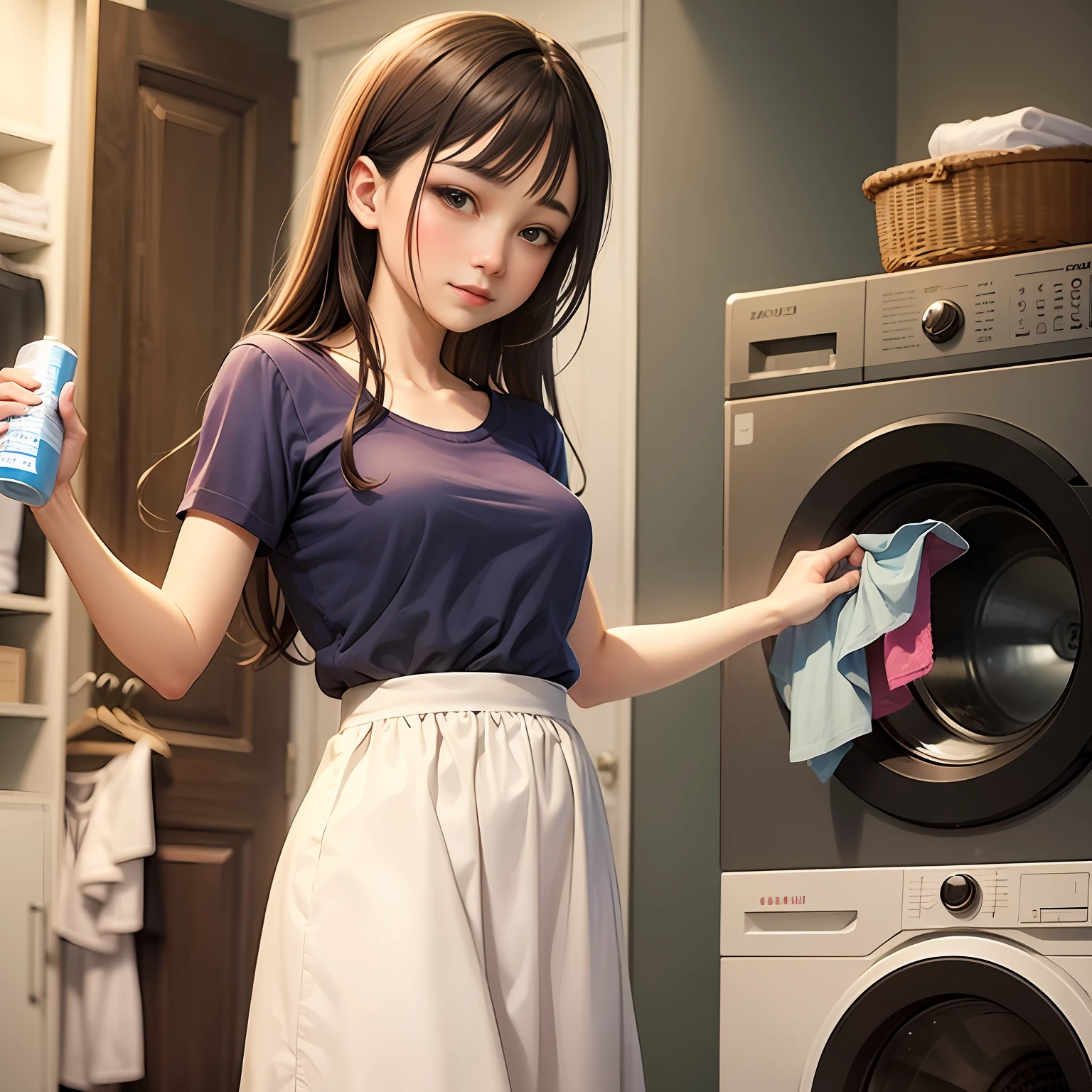 The style is that of a fairy tale illustration,I clean up in the morning and do laundry,fold clothes,laundry machine