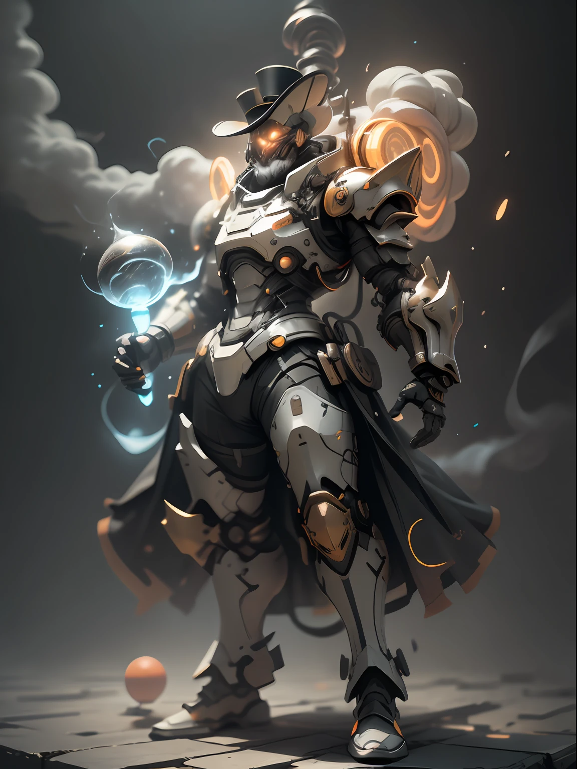 Ghost clown with lollipop, super cool ghost clown, cane in hand, grimace, top hat on head, orange armor, wearing orange mechanical armor, smoke surrounding, juggling props, cloud smoke surrounding, stage lighting atmosphere, glowing eyes, huge lollipop, imposing walking, positive perspective, perfect body proportions, tall figure, full body photo, super detail, looking up view, IP by pop mart, edge light, avatar, octane rendering, blender, full body, clean black background, 3d, c4d, Best Quality, Very Detailed, Ancient Technology, HDR (High Dynamic Range), Ray Tracing, NVIDIA RTX, Super Resolution, Unreal 5, Subsurface Scattering, PBR Textures, Post-processing, Anisotropic Filtering, Depth of Field, Maximum Clarity and Acutance, Multi-layer Textures, Albedo and Highlight Maps, Surface Shading, Accurate Simulation of Light-Material Interactions, Perfect Proportions, Octane Rendering, Two-tone Lighting, Low ISO, White Balance, Rule of Thirds, Wide Aperture, 8K RAW, High Efficiency Subpixels, subpixel convolution, luminescent particles, light scattering, Tyndall effect