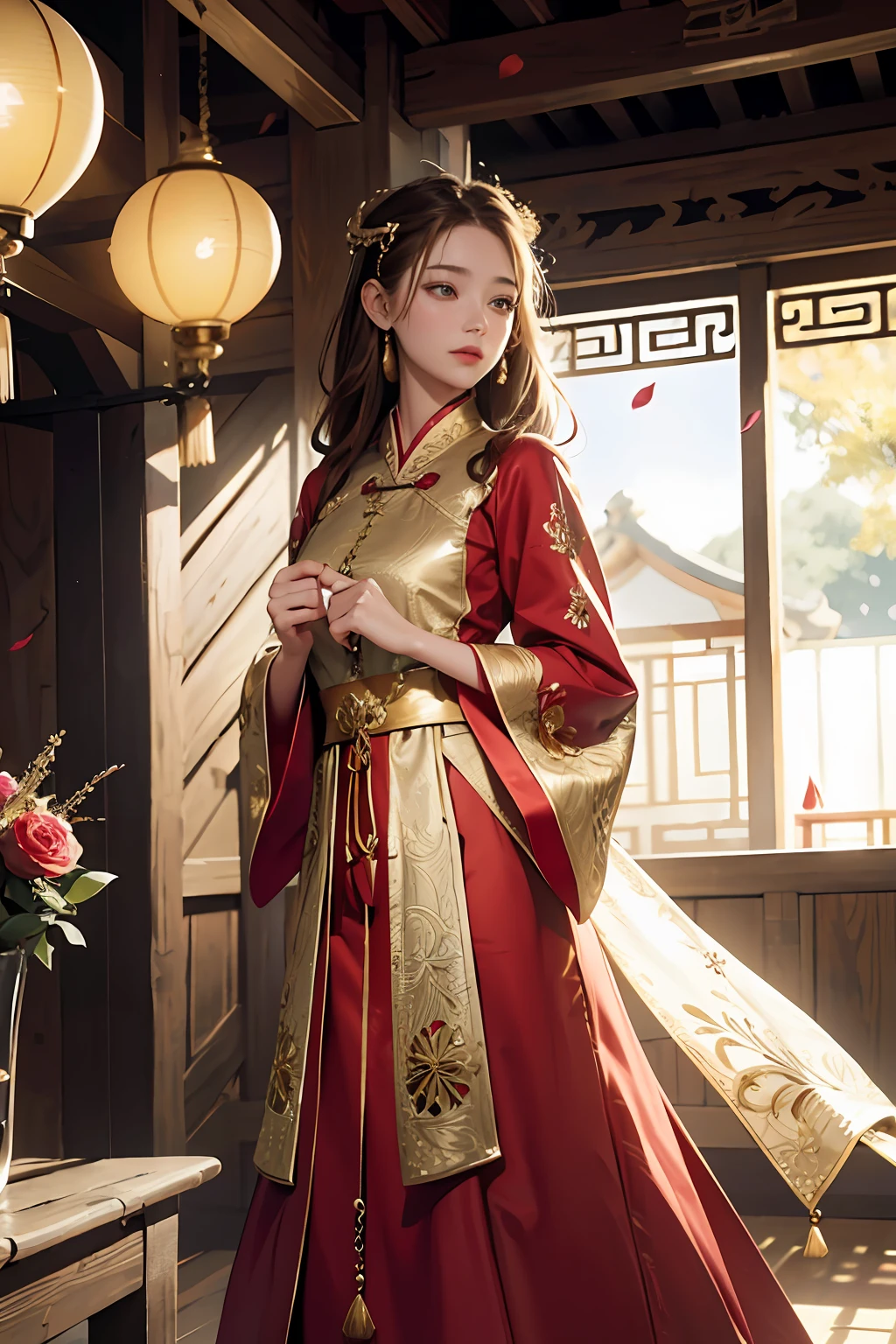 best quality, masterpiece, highres, (exquisite body:1.5),gorgeous face,(milky skin:1.3),intricate details,high resolution,wallpaper,
1girl, solo, dress, hair ornament, (((gold and red dress))), flowers, long hair, brown hair, closed mouth, jewelry, long sleeves, hand up, wide sleeves, big eyes,floating hair, chinese clothes, hanfu, embroidery, long skirt, natural pose, falling petals, indoor,fanning, lantern,
16K,HDR,highres,depth field,(film grain:1.1),boken,golden hour,(lens flare),vignette,rainbowing,(color grading:1.5)