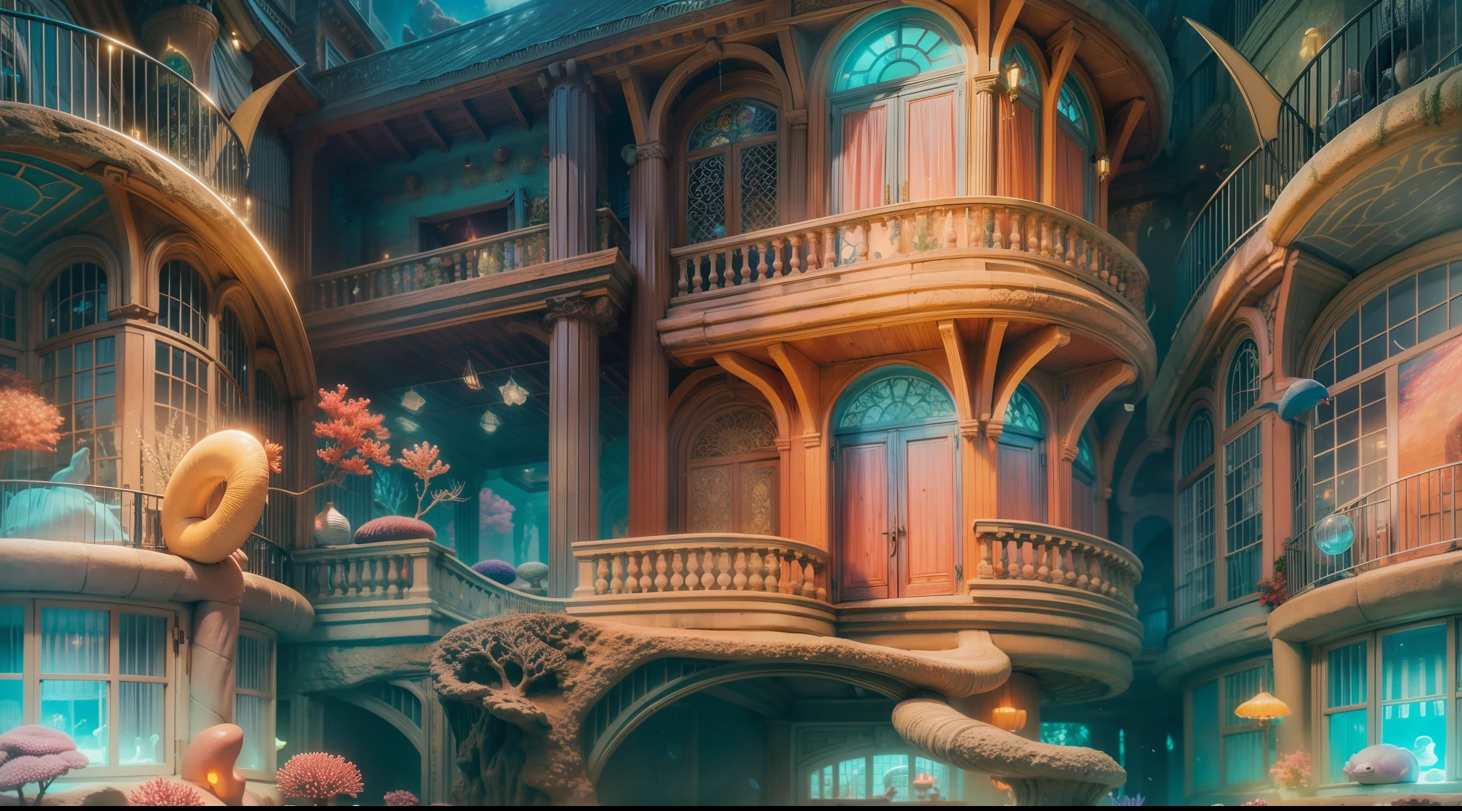 Magical underwater dwelling、Rainbow Coral Mansion、Luminescent dwelling、Great housing、Mysterious sea hut、Dreamy entrance、Magic Threshold、Mysterious entrance、Fascinating doors。 high details, Best Quality, hight resolution, in 8K