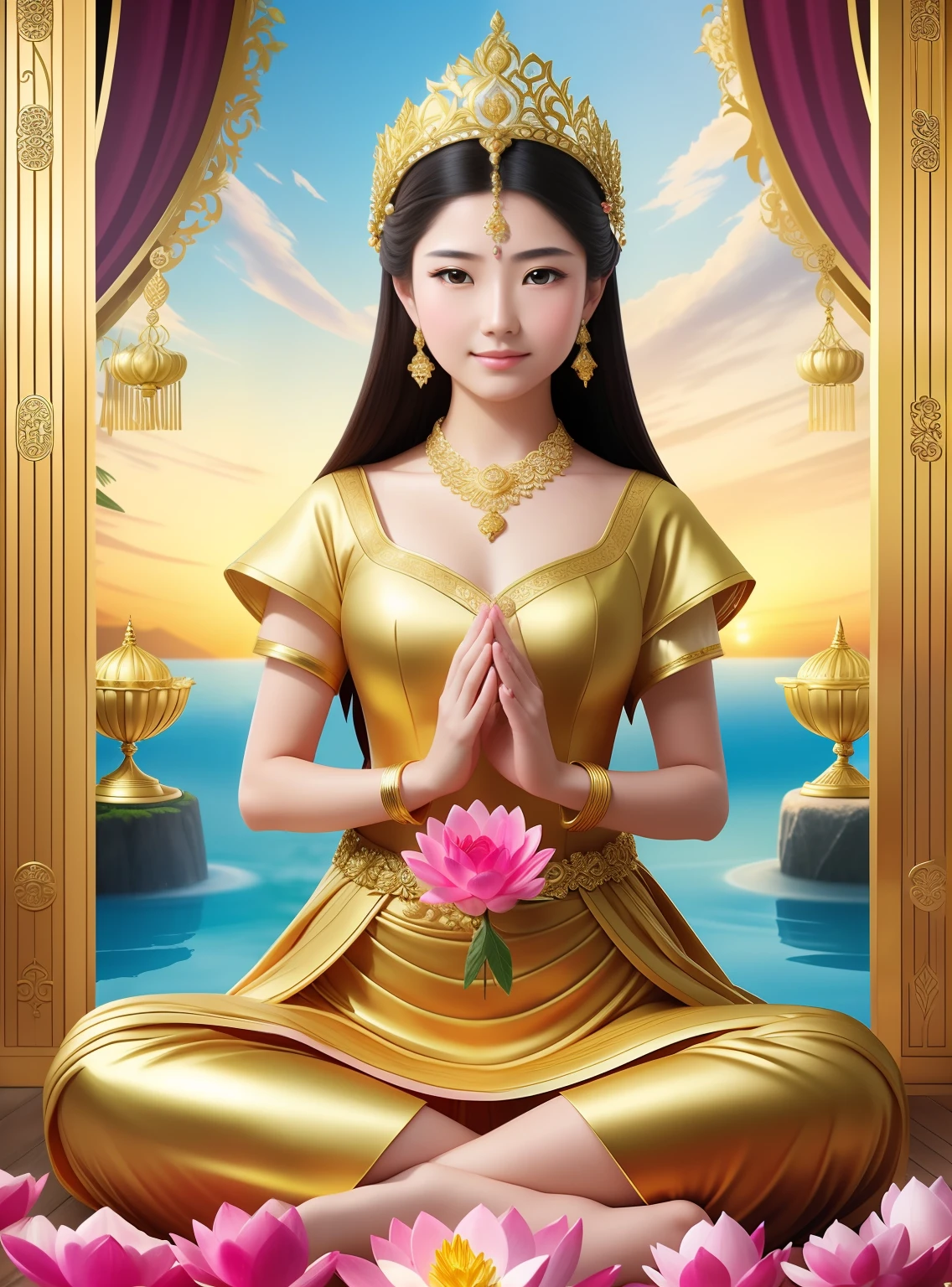 Beautiful 16 year old princess sitting on a lotus，Wearing a delicate gold crown，Hold the lotus flower with one hand，Barefoot on both feet，Such as out of the water hibiscus，The corners of the mouth are slightly upturned，Look at the camera with a gentle expression，Gorgeous and noble costumes，8k 壁纸，Amazing Cleavage，tmasterpiece,Goddess of wealth,Venerable goddess,Beautiful dream world，A magical fantasy，