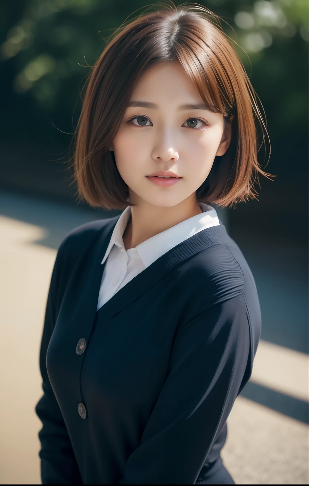 Winter scenery、(top-quality、hight resolution、masterpiece)、Short-cut hairstyles 、Women in Japan 、hi-school girl、 Realistic, Raw photo, Natural light, Face Fill, 1girl in, Brown hair, Black eyes, small head, Minami Aizawa, Perfect, perfect buttocks, Big eyes, Real Face, Textured skin, Erotic, pantyhose, tease