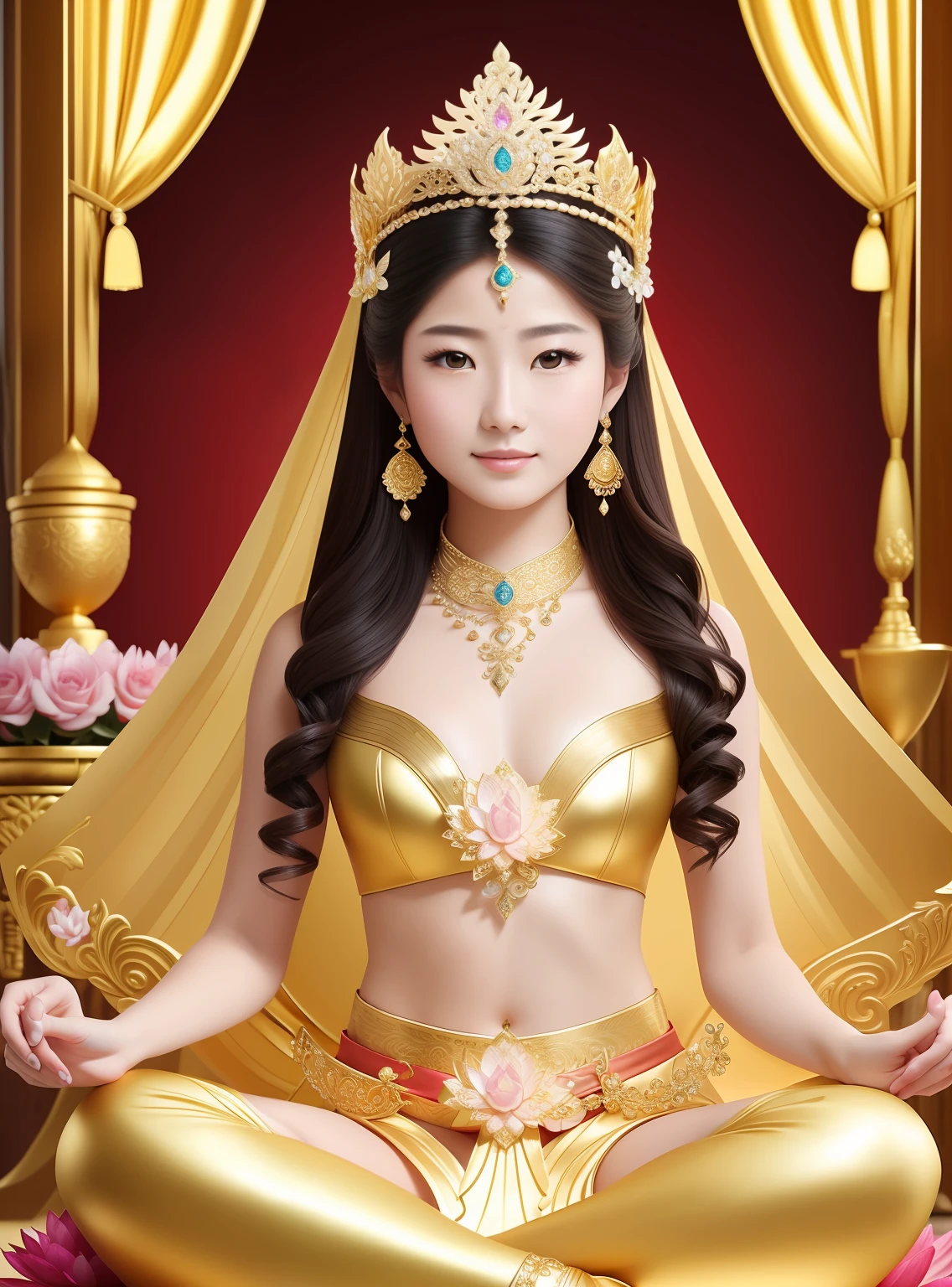 Beautiful 16 year old princess sitting on a lotus,Wearing a delicate gold crown,Hold the lotus flower with one hand,Barefoot on both feet,Such as out of the water hibiscus,The corners of the mouth are slightly upturned,Look at the camera with a gentle expression,Gorgeous and noble costumes,8k 壁纸,Amazing Cleavage,tmasterpiece,Goddess of wealth,Venerable goddess,Beautiful dream world,A magical fantasy,