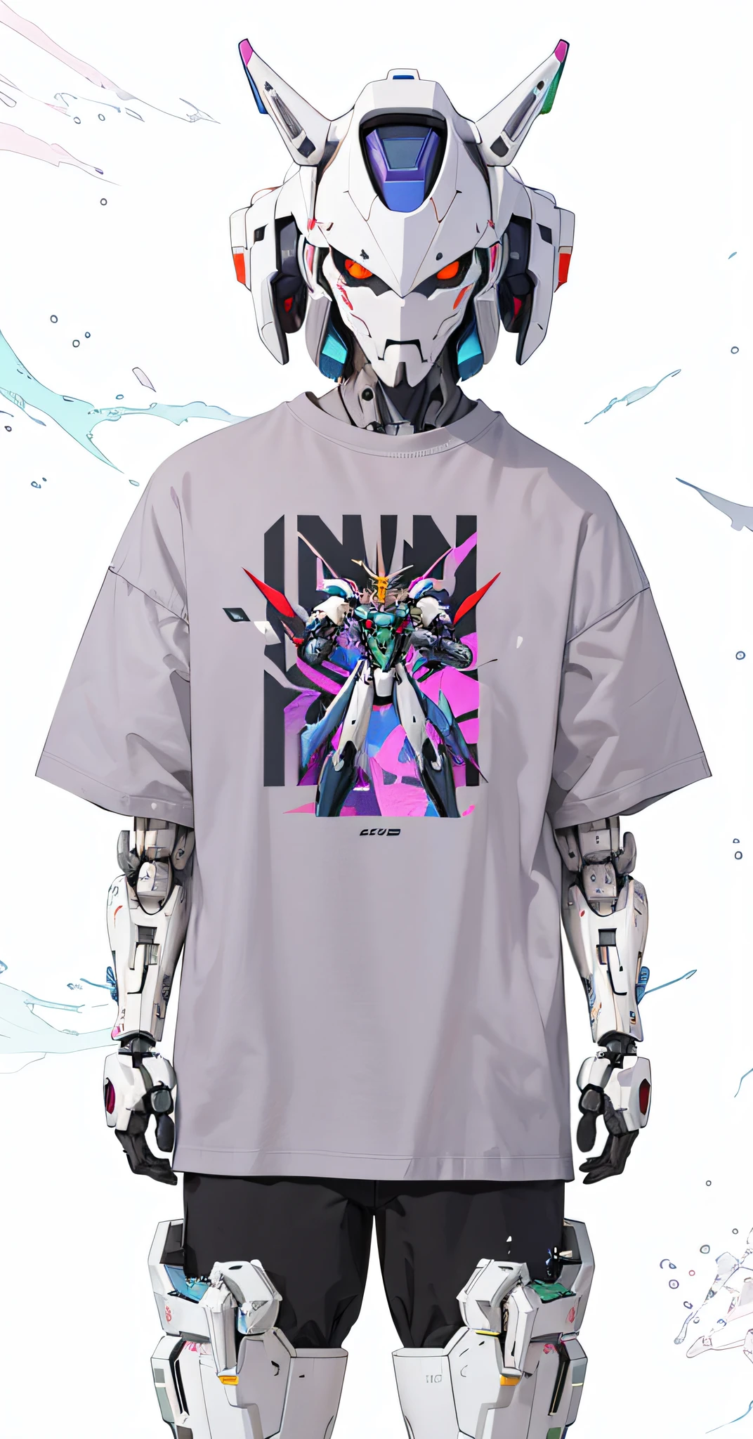 a close up of a person wearing a shirt with a robot on it, mecha inspired, neon genesis evangelion style, robotech styling, cybertech wear, anime robotic mixed with organic, maximalist vaporwave, vaporwave sci - fi, vaporwave style, cyber universe style, gundam style, combat mech clothes, anime mecha aesthetic, neo vaporwave