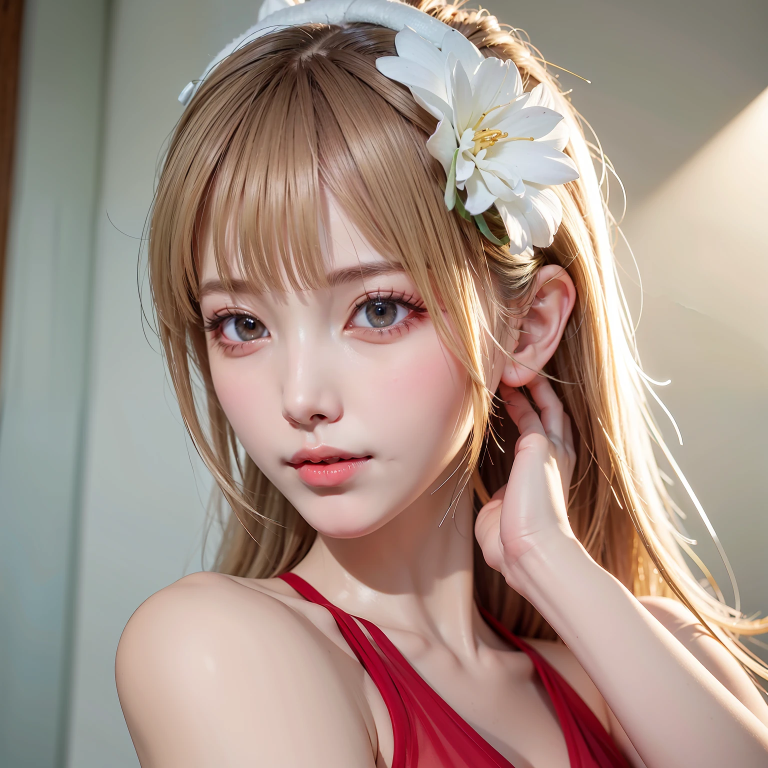 (8K, 4K, Best Quality, hight resolution:1.2), (maasterpiece, Realistic, photographrealistic:1.37), 1girl in, Solo, Beautiful face, Eyelashes, Nose, Glossy lips, (Detailed eyes, Looking at Viewer, Fair skin, White skin:1.5), fine complexion, Upper body,
Large , small tits , 5),
shorth hair、Supple blonde hair、Red swimsuit