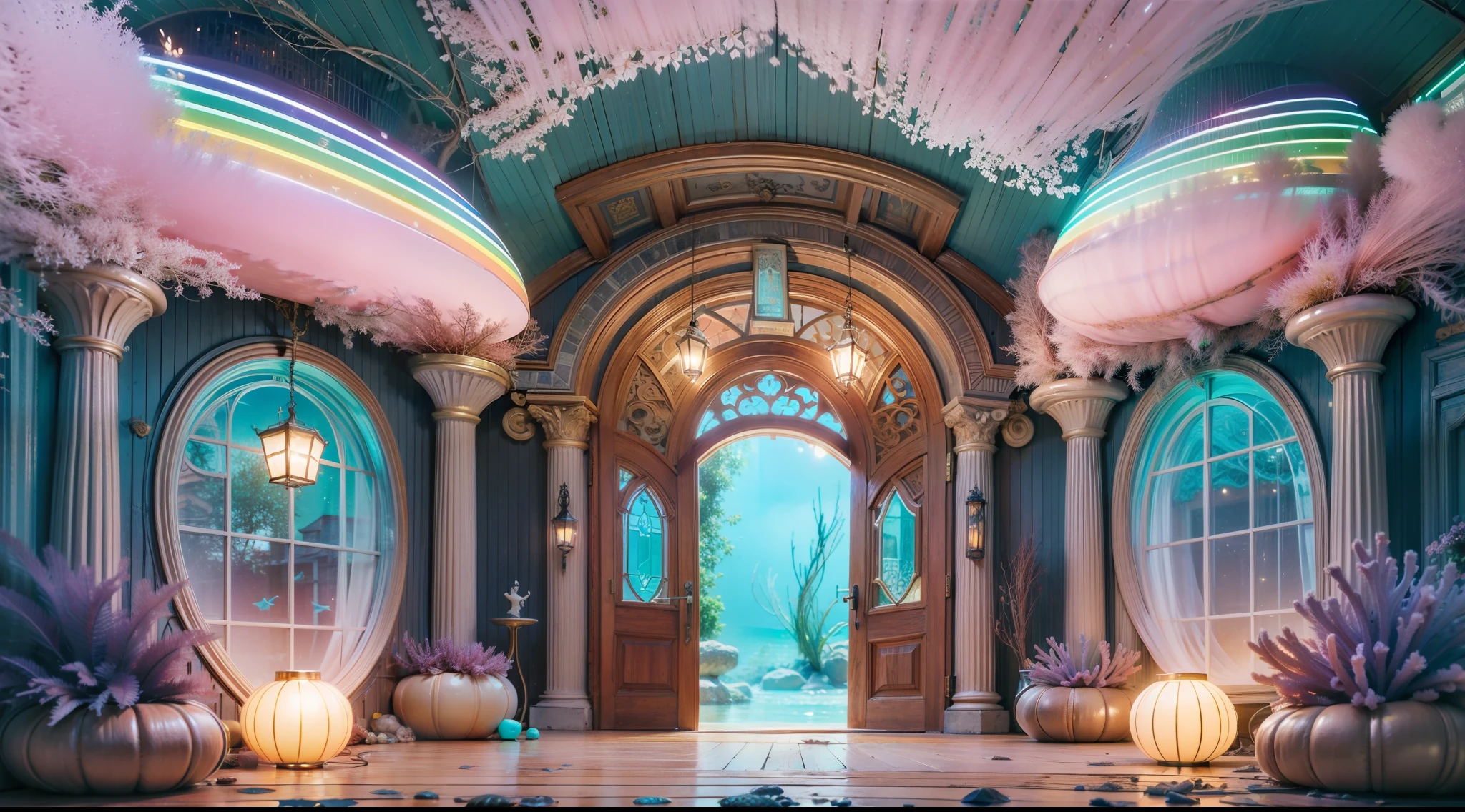 Magical underwater dwelling、Rainbow Coral Mansion、Luminescent dwelling、Great housing、Mysterious sea hut、Dreamy entrance、Magic Threshold、Mysterious entrance、Fascinating doors。 high details, Best Quality, hight resolution, in 8K
