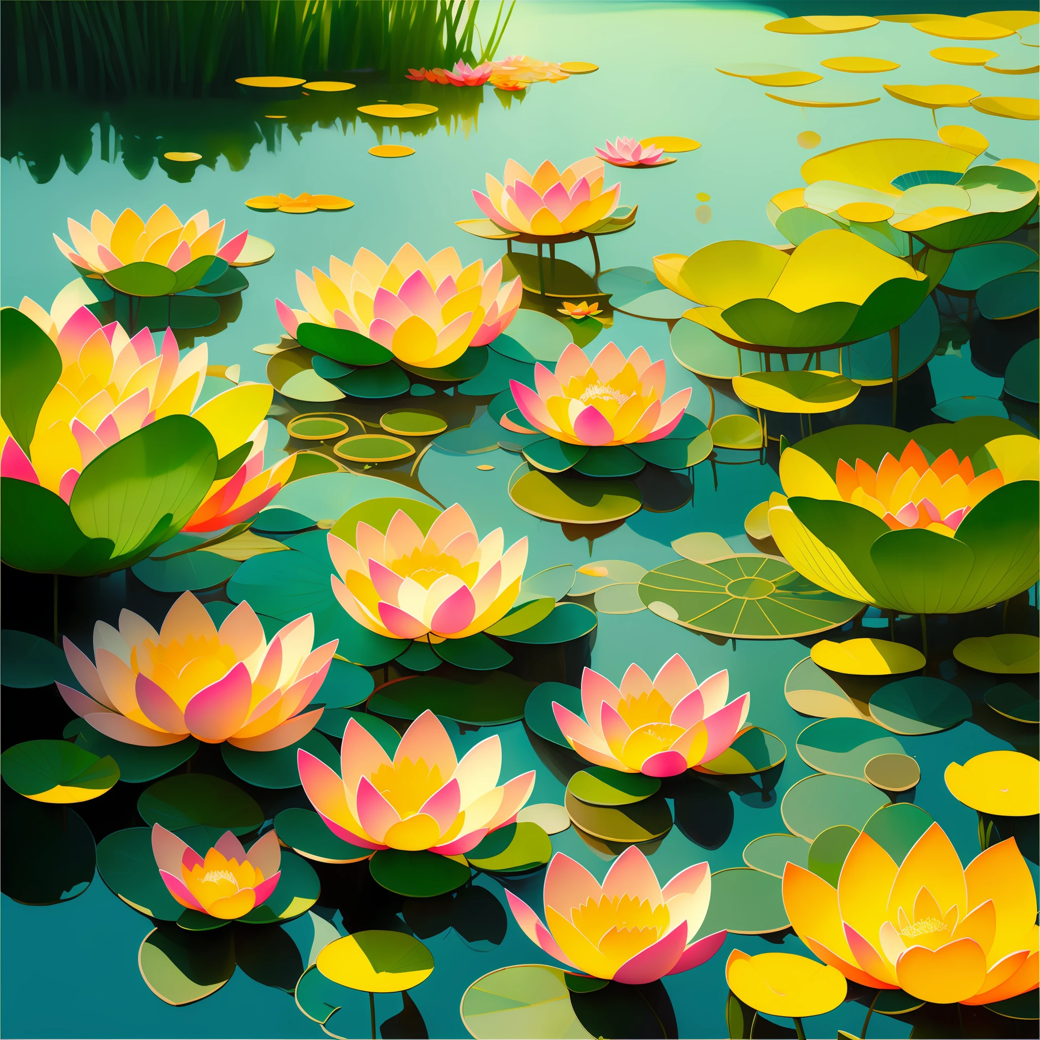 Masterpiece, exquisite, beautiful scenery deep in the lotus pond, (colourful, vivid, sunny, cool light: 1.2) lotus leaves in the pond. high quality high quality