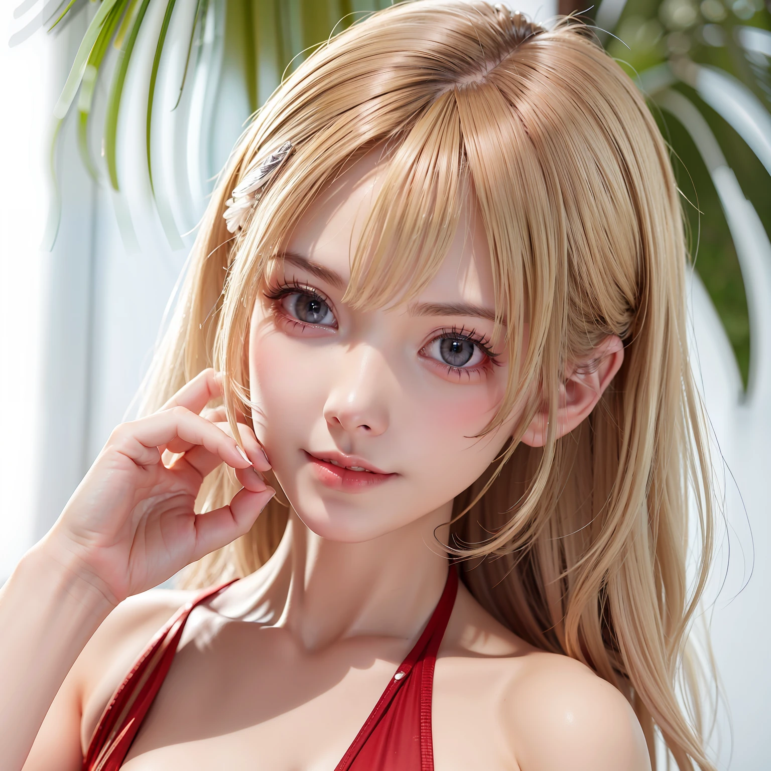 (8K, 4K, Best Quality, hight resolution:1.2), (maasterpiece, Realistic, photographrealistic:1.37), 1girl in, Solo, Beautiful face, Eyelashes, Nose, Glossy lips, (Detailed eyes, Looking at Viewer, Fair skin, White skin:1.5), fine complexion, Upper body,
Large breasts, small tits , (:1.5),
shorth hair、Supple blonde hair、Red swimsuit