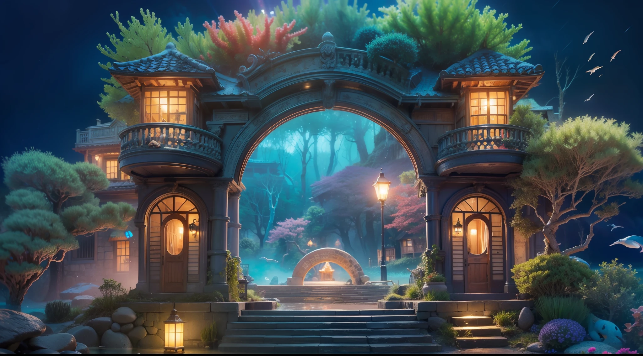 Magical underwater dwelling、Rainbow Coral Mansion、Luminescent dwelling、Great housing、Mysterious sea hut、Dreamy entrance、Magic Threshold、Mysterious entrance、Fascinating doors。 high details, Best Quality, hight resolution, in 8K
