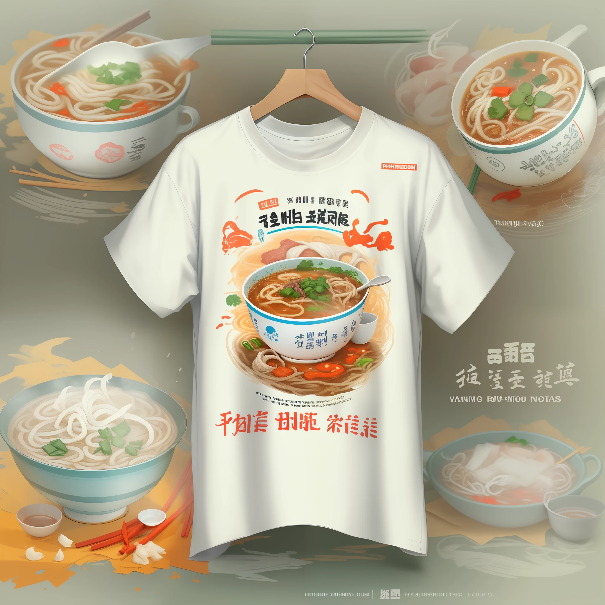 An ads banner for hand-draw on the t-shirt. Colored, draw a "Vietnamese beef noodle soup" with caption is "pho bo", white T-shirt, white skin body. Blur background