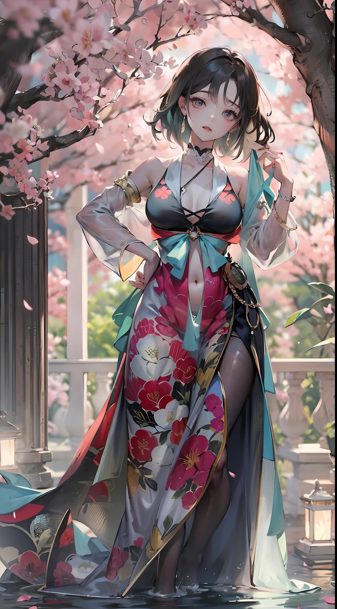 Loose clothing、cropped shoulders、Dark string dress、How to wear a black dress、Decorated with intricate patterns and bright colors、transparent materials,Makes skin shiny、The artwork depicts seductive female dresses wearing damp cloth and transparent skin, Floral and dreamy patterns,Traditional clear skin,Smooth as silky smooth。Her dress draped elegantly over her curvaceous figure、Emphasize her captivating silhouette。She is a gentle night of fireworks、Dynamic posing、sexyposture、Bask in soft moonlight。The scene is、With a touch of mystery and sexiness、It exudes an ethereal dreamy atmosphere。The image style is、It combines watercolor and digital illustration techniques.、Let you feel the exquisite beauty and charm。soft moonlight lighting、casting soft highlights and shadows on her charming features。Dynamic posing、Bold Pose、The hand is somewhere、ssee-through、show through、A sexy、Wet hair、Wet、(the cherry trees、Flower petals、SakuraNS、the cherry trees、Sakura Blizzard 1.5)、submerged、Transparent skin、Wet clothes、(Chest 1.2)、Navel Ejection、Swaying in the wind、Burgundy、pale red、(Laziness 1.5)、Lace color、lace choker、choker necklace、Lie on your back on the water、New lining、
