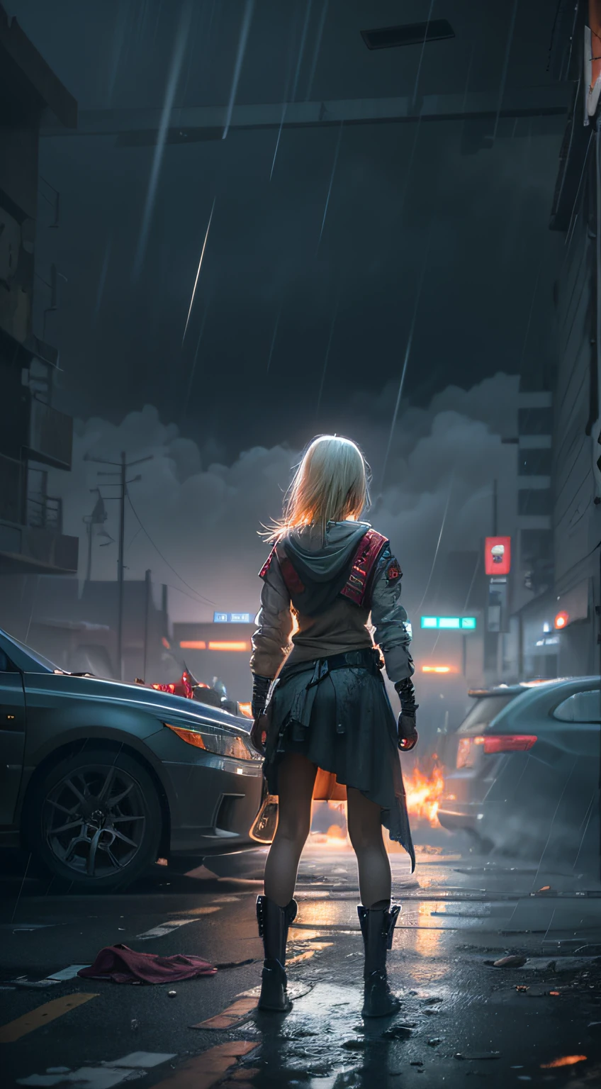 A photo of a young blonde woman standing on her way to the image center of a post-apocalyptic city, The Japanese sword in her hand, Dirty laundry is broken, Exploding cars, Fire and smoke, epic detail ighly detailed, rain, Dark gray atmosphere, RAW photography, Back shot, Shot from below, Cyberpunk