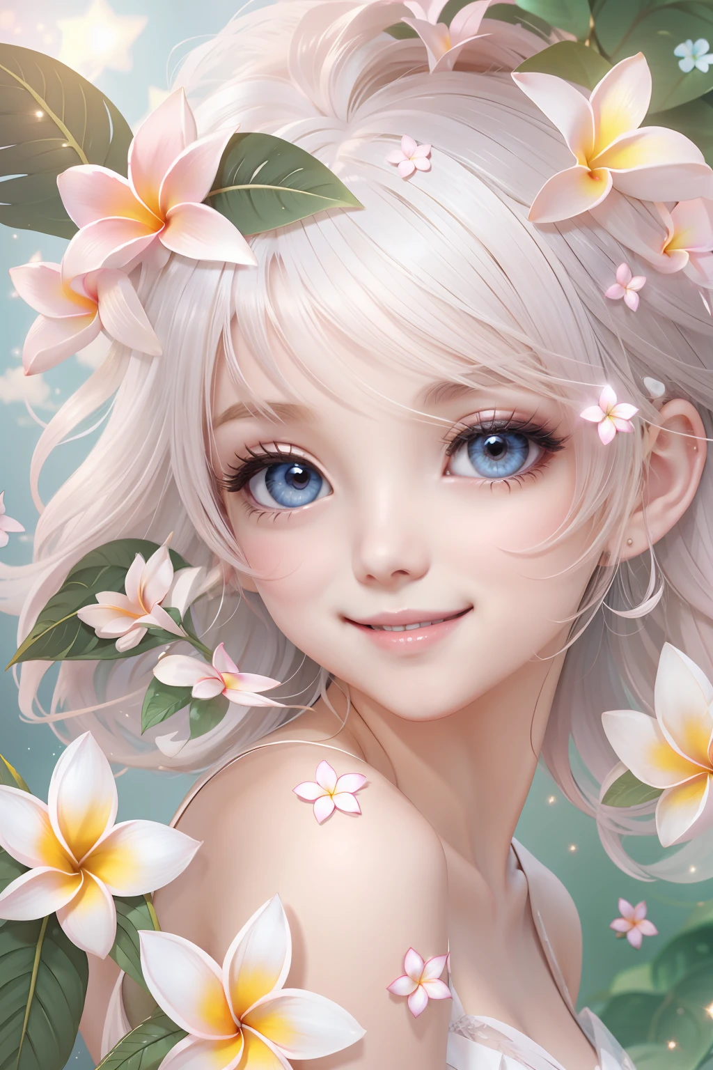 Cute fairy with a sense of transparency、Bright smile、Have fun playing、Beautiful background、Bright background、White background、Beautuful Women、Plumeria