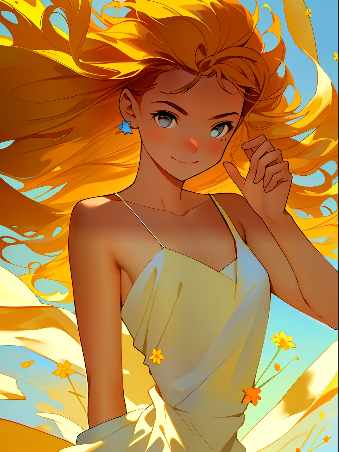 (best quality, masterpiece), 1girl, pose, particle, wind, flower, upper body, simple background, looking at viewer, blonde, galaxy,