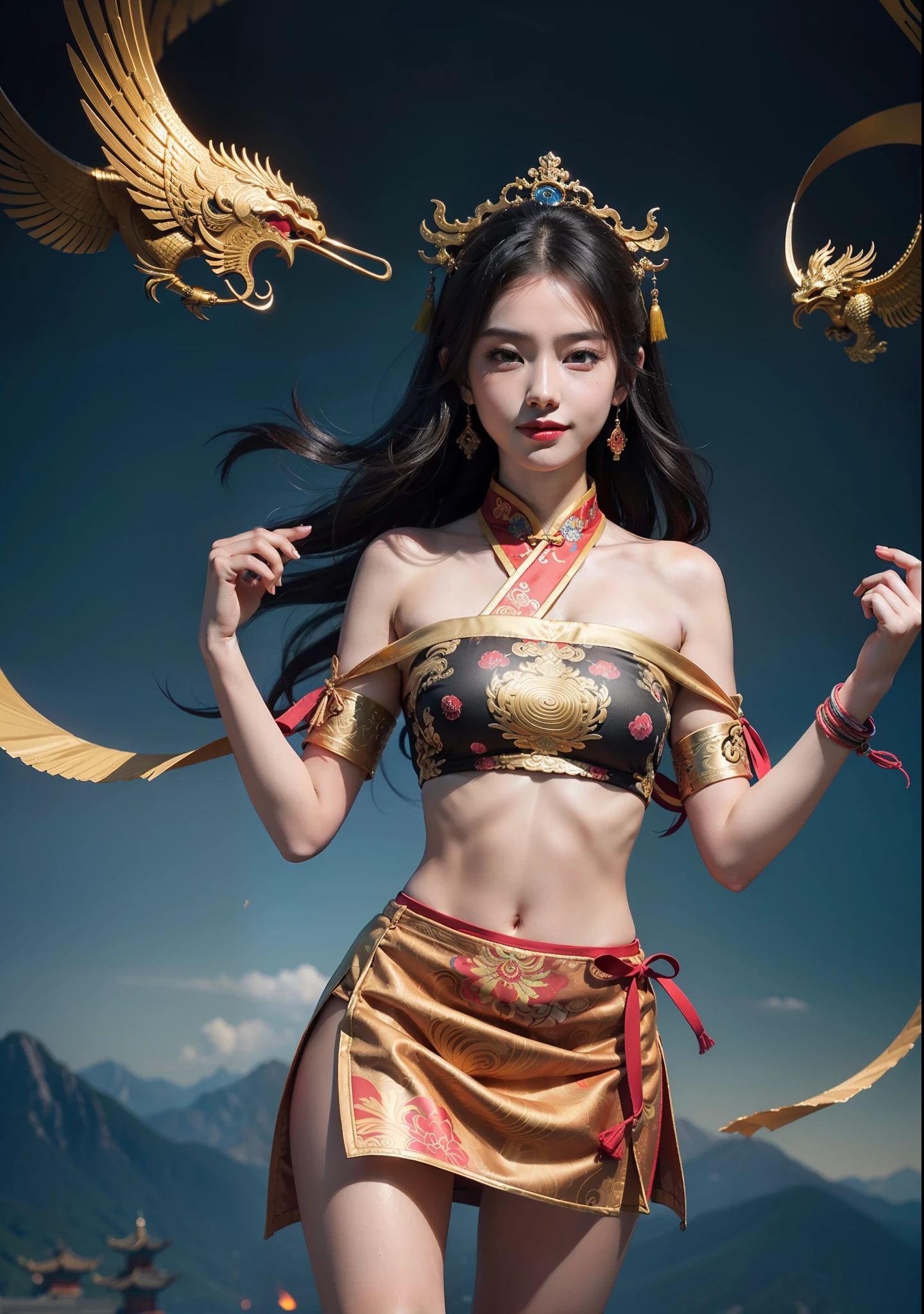 Official Art, Unified 8K Wallpapers, Ultra Detailed, Beautiful and Aesthetic, Masterpiece, Best Quality, (Zentangle, Tangle, Entangle), (fractal art: 1.4), 1girl, black hair, Chinese, bare shoulders, short skirt, calf, navel, very detailed, dynamic angle, cowboyshot, (most beautiful form chaos), flowing, (bright colors), oc, (half: 1.2), china, (thangka flying sky: 1.5), (ribbon: 1.3), (dream: 1.5), (hanfu: 1.5), Chinese dragon, Chinese phoenix, (smile: 0.5), (Chinese deity),