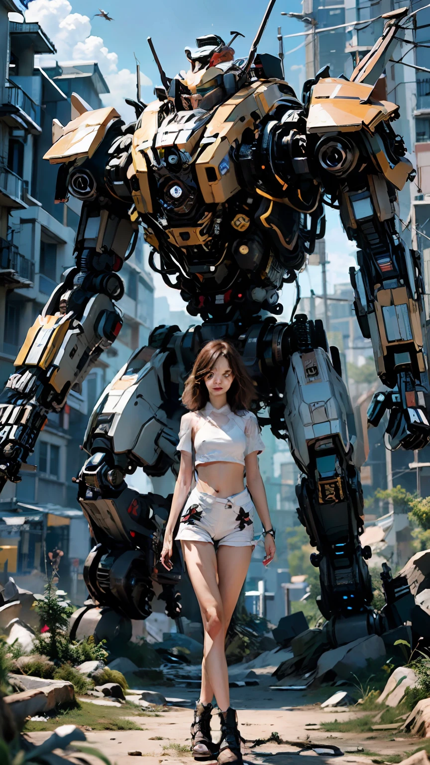((masterpiece, best quality)),illustration,ultra detailed 8k,photorealistic,sharp focus,highly detailed,professional lighting,colorful details,iridescent colors BREAK extreme long shot of a factory,large mechanical robot construction,microchip,computer,glowing,intricate details,shitu-mecha,1girl is standing in front of the audience,Navel