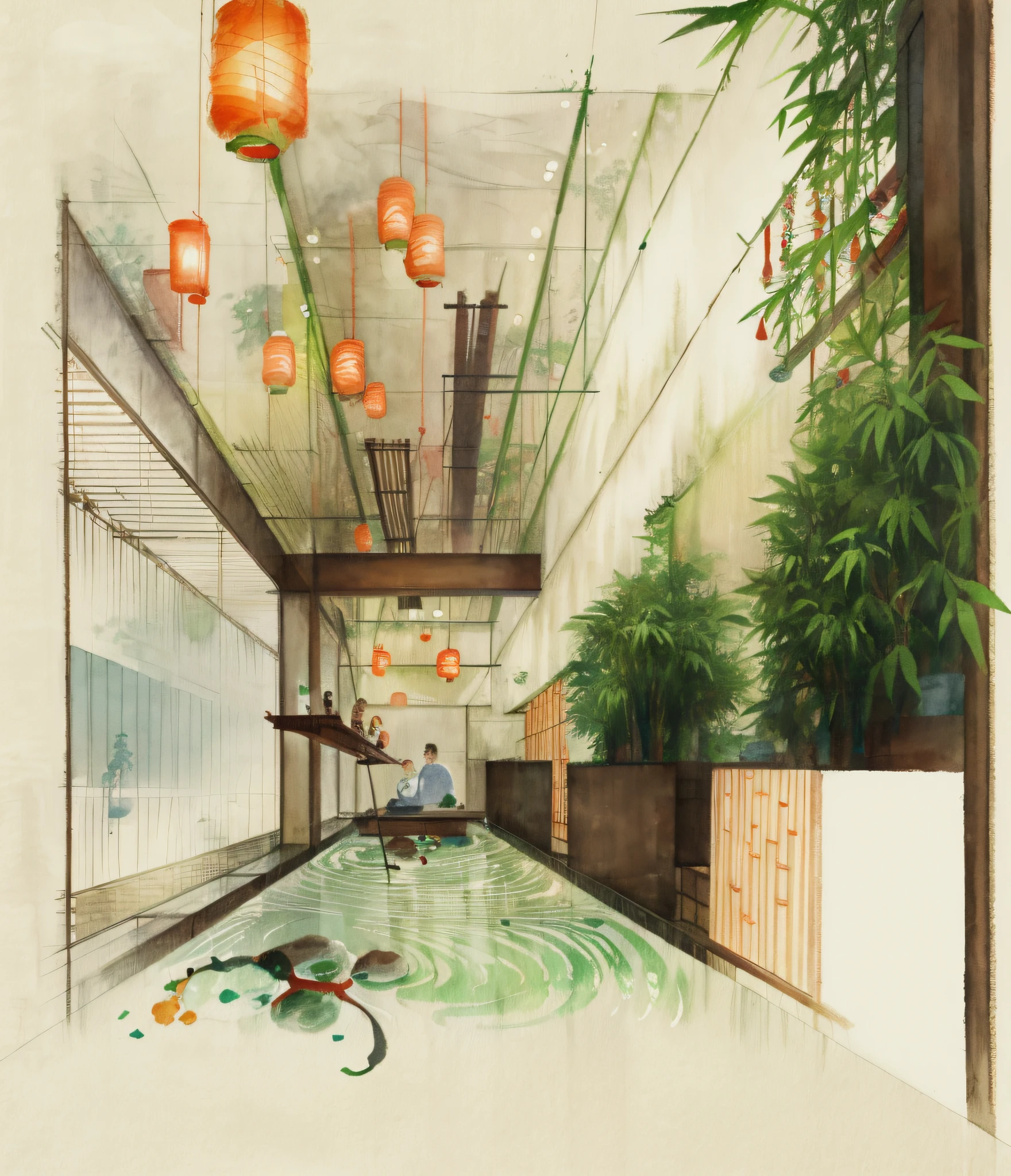 shuimobysim,vwuchangshuo, bonian, zhenbanqiao, badashanren, architecture building, indoors, interior, indoor garden, Zen style, chinese, lantern light, trees, bamboo, people, human, watercolor painting, artstyle