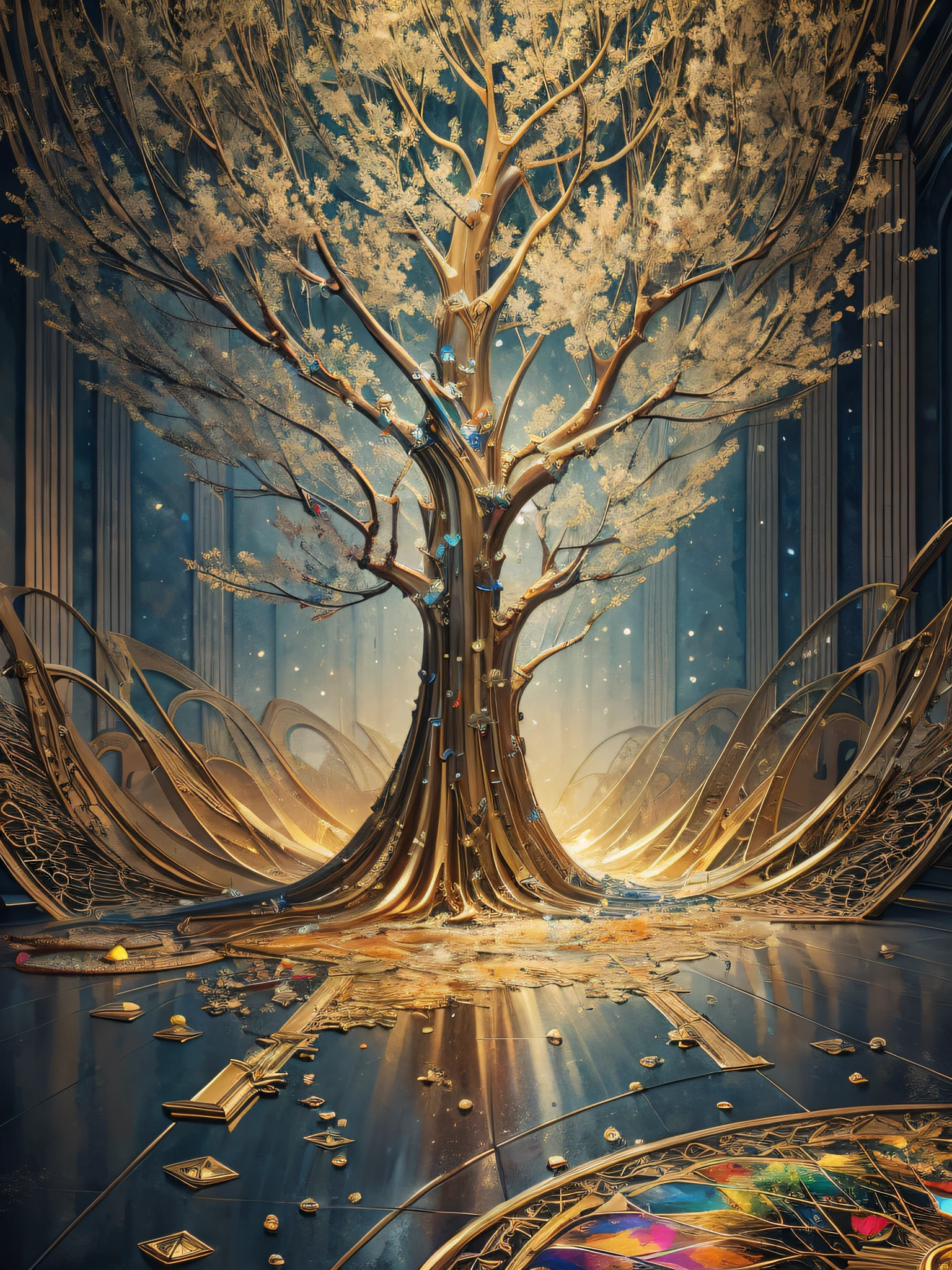 Beautiful symmetrical full body photo painted in oil with thick brushstrokes and wet paint, Fibonacci, golden ratio, melted wax, visible brushstrokes, surrounded by crystal spheres, 3D tessellation wireframe, neural graphic, neurons, tree of life, color, love, passion, oil on canvas, thick brushstrokes, insanely detailed, 8k uhd, masterpiece, artstation, surreal
