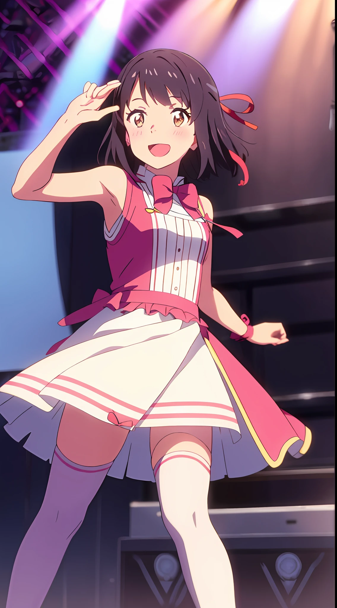 shinkai makoto, kimi no na wa., 1girl, bangs, black hair, blush, brown eyes, idol, idol clothes, pink dress, ribbon, white dress, black hair, red bow, red headband, red ribbon, short hair, smile, cute, solo, open mouth, singing, concert, stage, outdoors, dynamic pose, bare shoulders, thighhighs