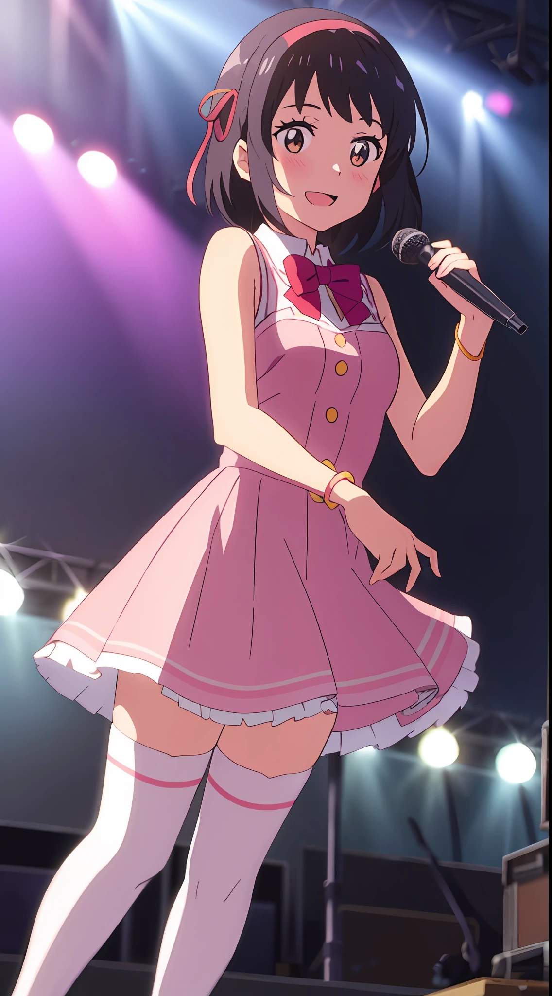 shinkai makoto, kimi no na wa., 1girl, bangs, black hair, blush, brown eyes, idol, idol clothes, pink dress, ribbon, white dress, black hair, red bow, red headband, red ribbon, short hair, smile, cute, solo, open mouth, singing, concert, stage, outdoors, dynamic pose, bare shoulders, thighhighs