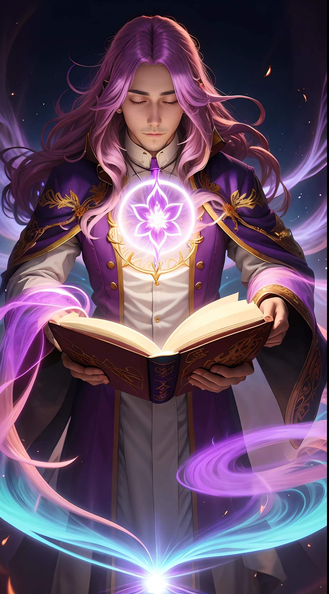 A man with vibrant long light purple hair, emitting a radiant aura, levitating a mesmerizing mystical akashic book.