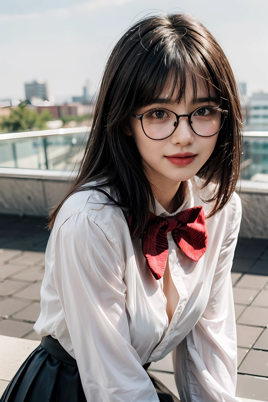 (RAW photo, best quality), (realistic, photo fidelity: 1.2), close-up portrait photo,
1 girl, mall rooftop café, outdoor,
smile, (high detail skin: 1.4),
Puffy eyes, gorgeous hair, air bangs, brown-black hair,
White opaque shirt, bow tie, pure red pleated skirt,
Soft lighting, high quality, (glasses))