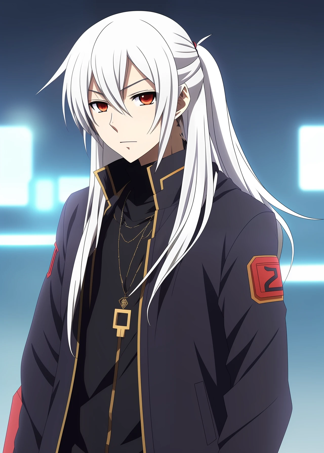 Anime characters，，Hair covers the right eye。Male modern futuristic sci-fi style long hair，firey，Two-dimensional cyberpunk，theelementoffire，white color hair。