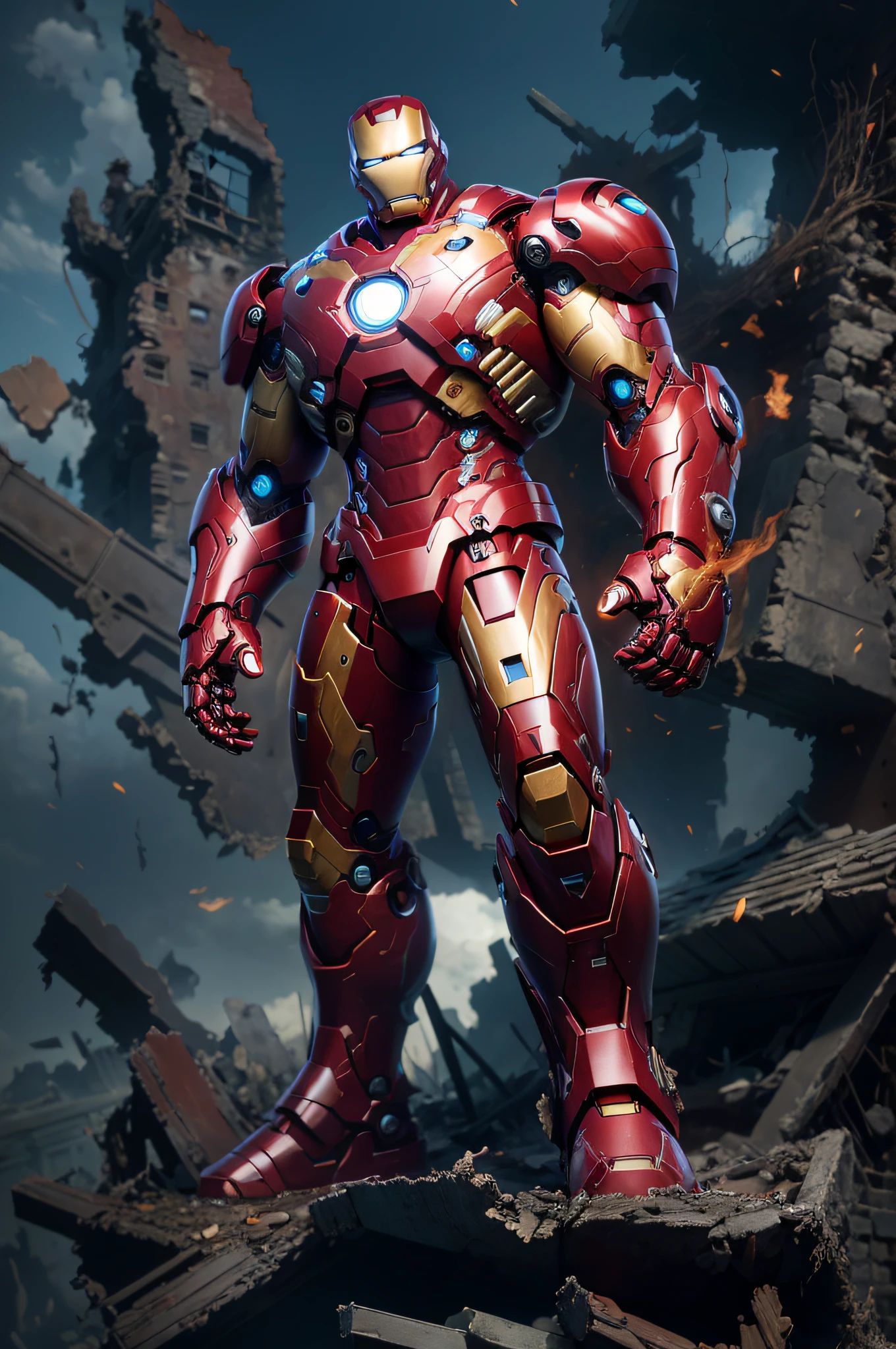 hyper HD, Masterpiece, Anatomically correct, ccurate, Textured skin, Super detail, High quality, High details, Award-Awarded, Best quality, A high resolution,Iron Man stands on the ruins of destruction,