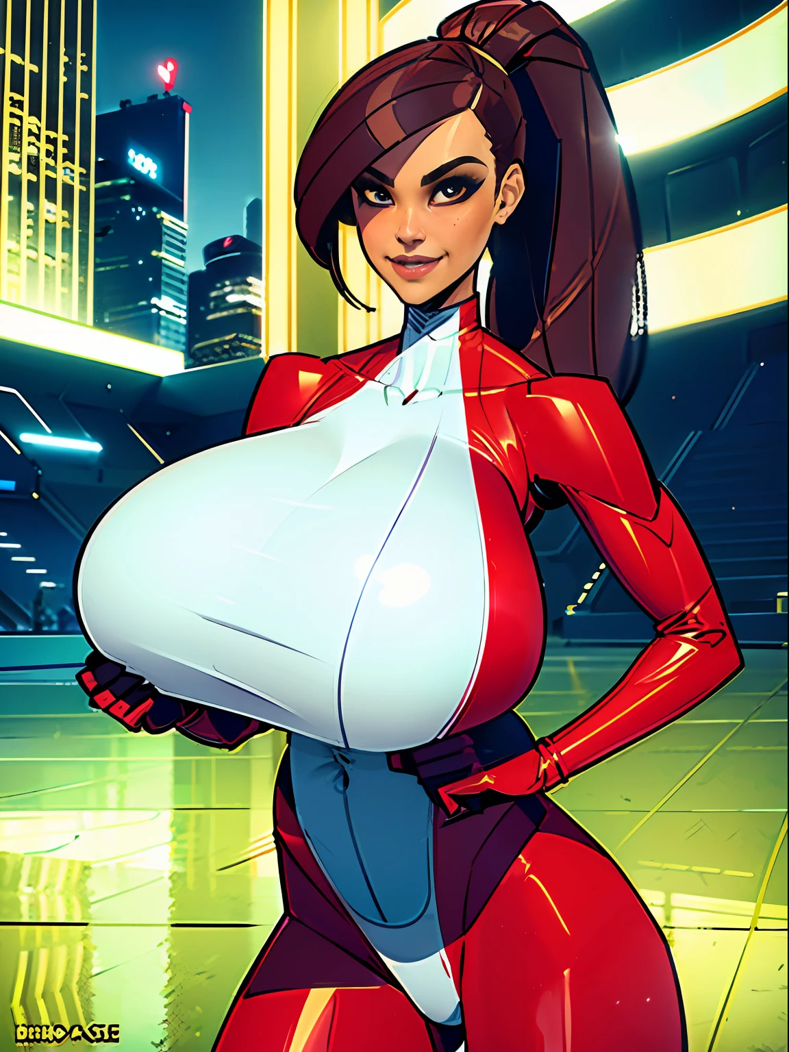 1girl, short busty petite brunette comic book woman, gorgeous face, masterpiece, beautiful, high quality, high definition, superb quality, highly detailed, insane detail, hands on hips, happy, smiling, sexy pose, hand on hip, long hair, huge ponytail, slim, thin, athletic, womanly, rubbery, elastic woman, (modest red spandex with white panels on sides, red and white morph suit, tight top), rubber body, brunette, (((cleavage window, gigantic breasts, gigantic boobs, massive tits, slim waist, overflowing breasts, too big for her top))), city, soft lighting, natural lighting, natural color, heroic, cheerful, (bold nose, hawkish facial features),