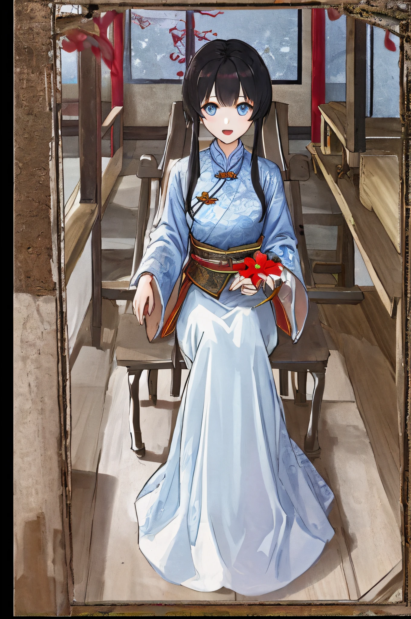 Ancient Chinese anime girl with long black hair and about 10 years old wearing red wedding banquet Hanfu，Red flower 1.3（Happy emoji 1.5）（Open mouth 1.2）（The background is room 1 of ancient China.5）Anime style 4 K，Anime rendering，Guviz-style artwork，style of anime。8k，Guviz，Beautiful anime girls，Beautiful anime face，Cute Anime Girls（Pure Big Eyes 1.5）（Upper body display 1.5）（Crystal beautiful eyes1.5）（Poor milk 1.3）（Juvenile little girl 1.3）（Cinematic lighting 1.5）