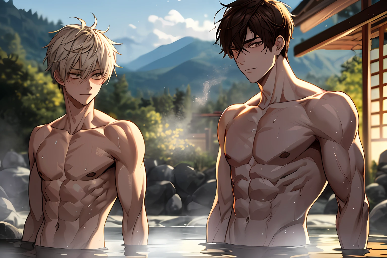 2boy, Naked, completly , Muscular, Handsome, Outdoor, bathing with steam, hot onsen, Onsen, Sweat,  view the viewer, Depth of field, Bokeh,  Detailed background, Detailed lighting, diffused natural sunlight, diffused natural skin glow, symetrical eyes