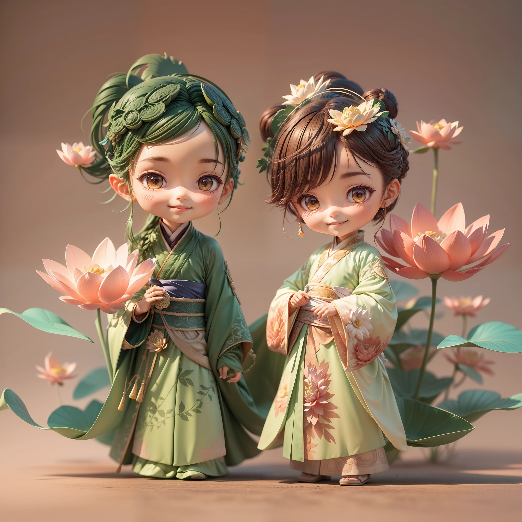 cinematic angle,(cute boy and girl , anatomically correct,full body,Masterpiece lotus,Masterpiece Hanfu,smile),(illustration,paper art,a 3D render),(extremely colorful, Best quality, high detailed, Masterpiece, Cinematic Lighting, 4K, Chiaroscuro)
