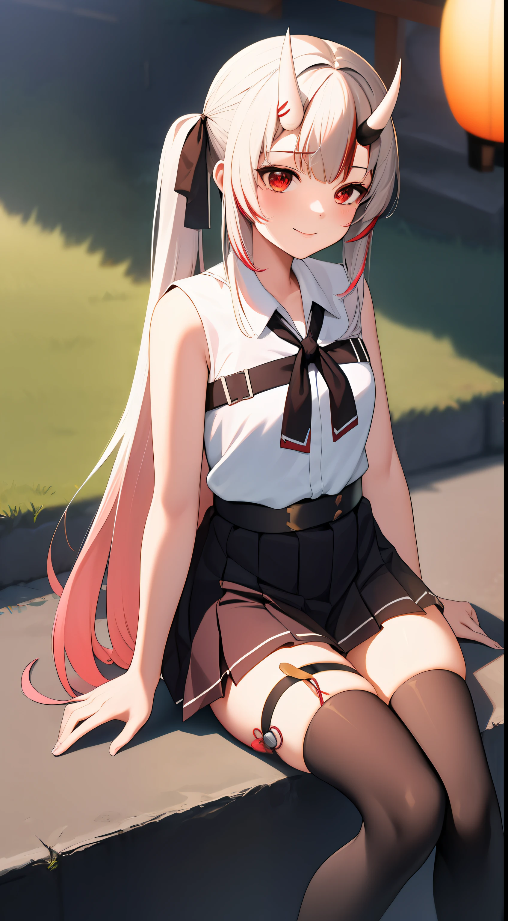 ​masterpiece, top-quality, absurderes, perfect anatomia, 1girl in, 独奏, Nakiri Ayame, length hair, Twin-tailed, Iris Casual, white  shirt, sleeveless shirts, Black tie, a black skirt, pleatedskirt, Hair Ribbon, X Hair Ornament, black thighhighs, Thigh strap at right leg,sitting on, stairway, plein air, A smile,shrines、paper lanterns