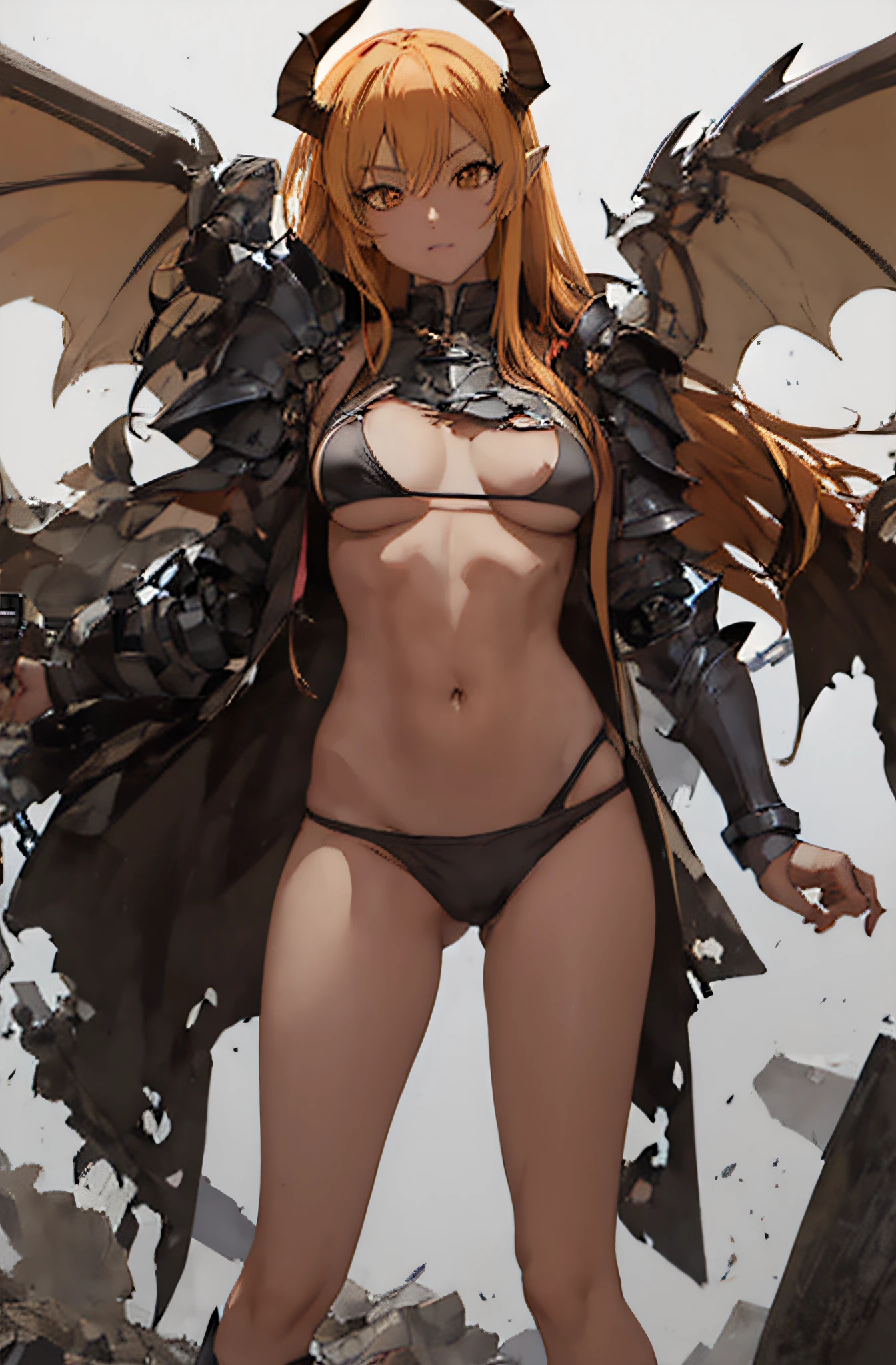 Anime girl posing with wings and armor in photo, armor girl, bikini armor female knight, by Yang J, Succubus, free pose、mechanized valkyrie girl, angel knight girl, Bikini Armor, Torn Bikini Armor, abdominals、musculature、Thin macho、Open your crotch、free pose、rossdraws 1. 0, rossdraws 2. 5, rossdraws sakimimichan, a beautiful succubus, Dragon Girl、Rubble battlefield