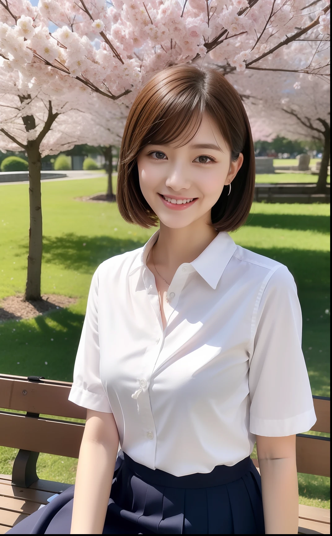 The season is spring、cherry trees、Spring landscape、1 girl、low  angle shot、pantyshot、Ultra mini skirt、Open chest shirt、(8K、top-quality、​masterpiece)、(Photorealsitic)、Extraordinary Beauty、Short-cut hairstyles、Spring schoolitting on a bench、独奏、Beautiful Definition Sky、A slight smil、Fine and beautiful eyes、 plein air、 ​masterpiece, top-quality, ultra-detailliert