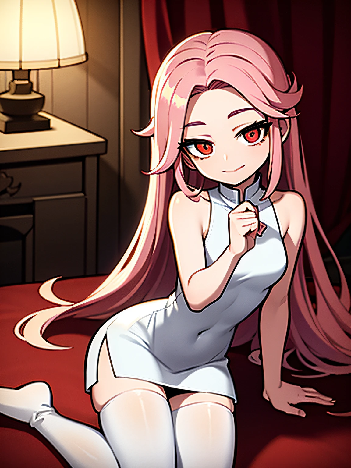 tmasterpiece,best qualtiy,super detailing,Fine pink hair,cuteexpression,Forehead exposed,red color eyes,a Chinese-style dress,White top,reddress,Smile Expression,white stockings,Absolute realm,perfecthand,Ji hair style,Award-winning。