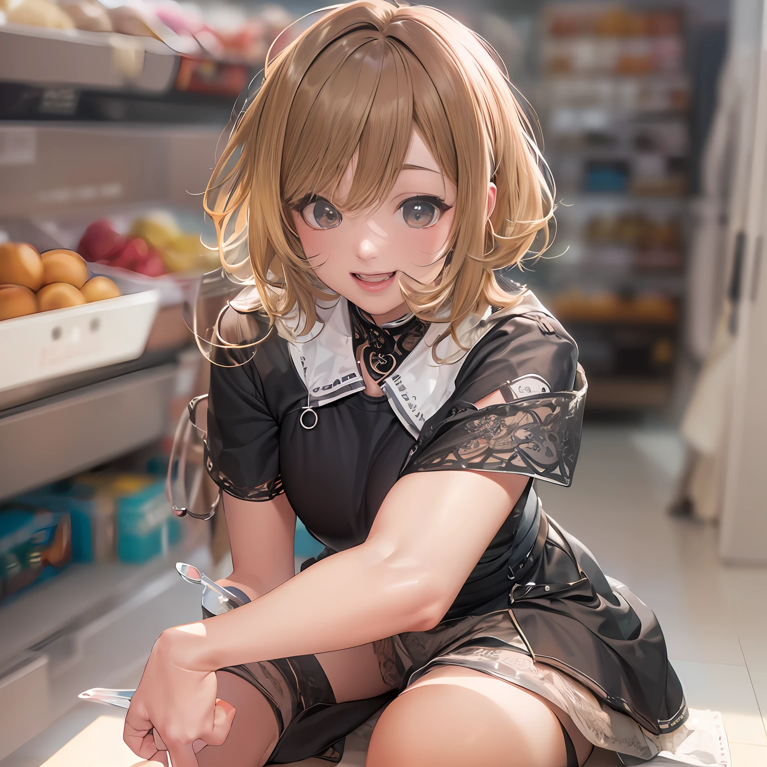 (Supermarket: 1), Afternoon, Doctor Gown, Light Brown Fringe Short Hair, Light Brown Eyes, 1 Girl, Innocent, (Photorealistic), (Intricate Details: 1.2), (Masterpiece, : 1.3), (Best Quality: 1.4), (Ultra High Definition: 1.2), Ultra High Definition, (Detailed Eyes), (Detailed Facial Features), HDR, 8k Resolution, ( Extremely realistic CG image showing you bending your knees and spreading your legs in a sitting position, even the smallest muscles and skin texture))), (Exposed chest: 1.3), ((Off shoulder: 1.2)), ((Open mouth: 1.5, white teeth, refreshing smile)), (Huge chest), (Lens flare: 0.7), Looking back, busy with examination report, face biwer, DRSHE,