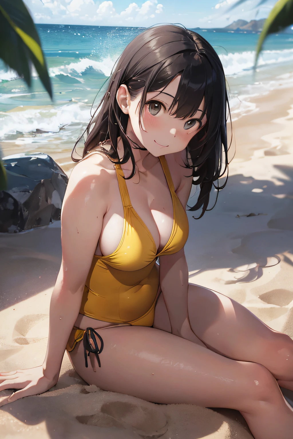 High resolution,
One beautiful young woman,
(soft saturation: 1.3), (fair skin: 1.2),
(ultra-detailed background, detailed background), bokeh,
Portrait of smiling girl breaking. When viewed from the front, the composition is symmetrical.
Look straight at you with serious eyes and break
yellow swimsuit, yellow bikini, middle breast,
outdoor, sea surface, sky, sunshine, summer beach, sand,
strong light, front light,
(Teenager: 1.3), (Cowboy Shot: 1.2), Break
angle from the front,
Look at the viewer,
Dynamic Pose,
Sitting on the beach

Wakame, wakame, wakame, wakame, wakame, wakame, wakame,